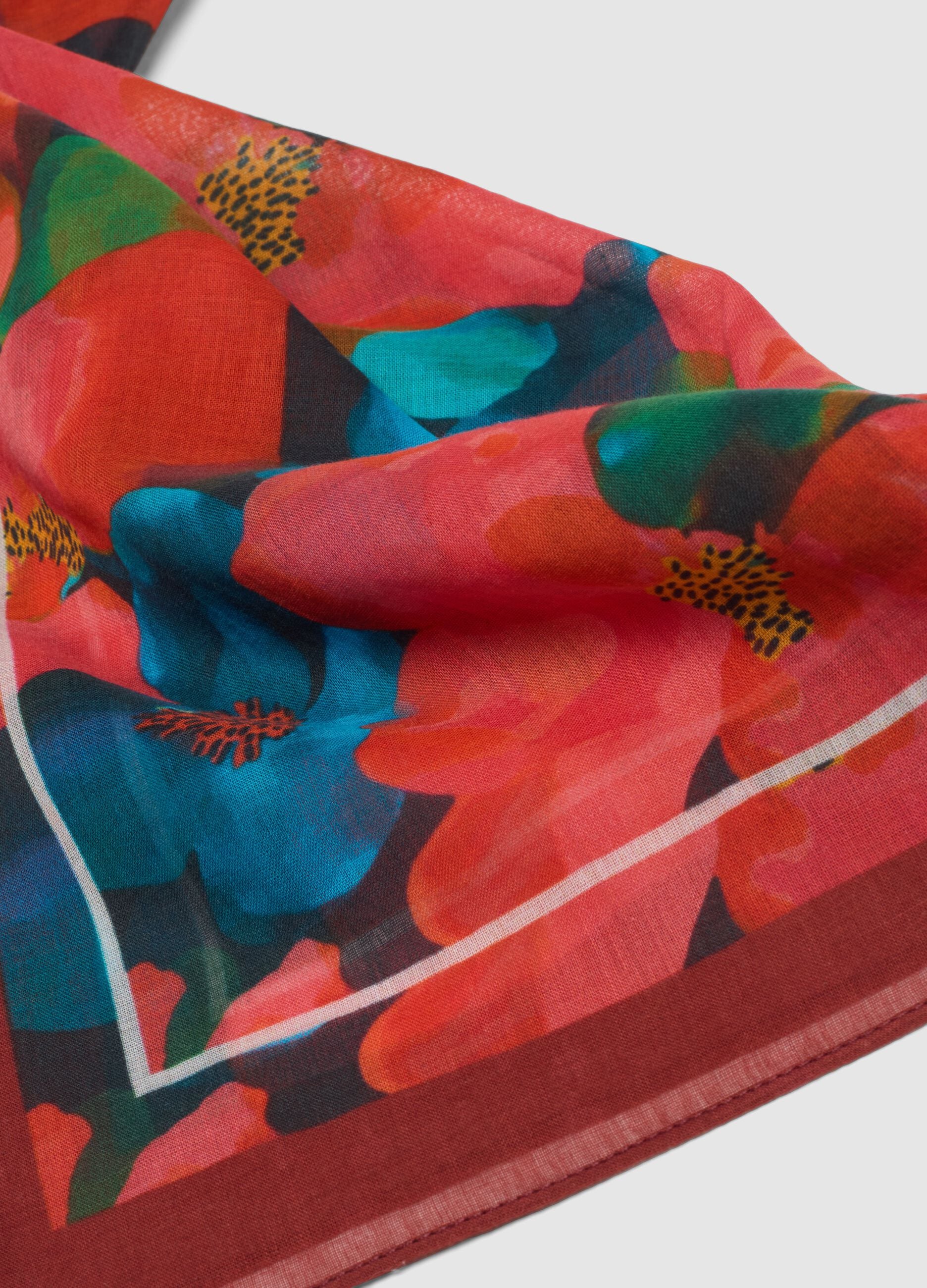 Multicoloured pure cotton scarf with floral design