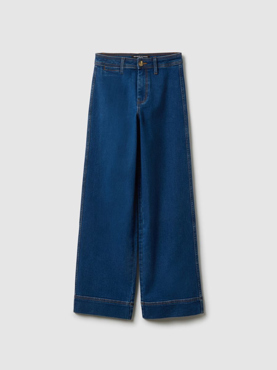 Wide leg stretch cotton blue jeans_4