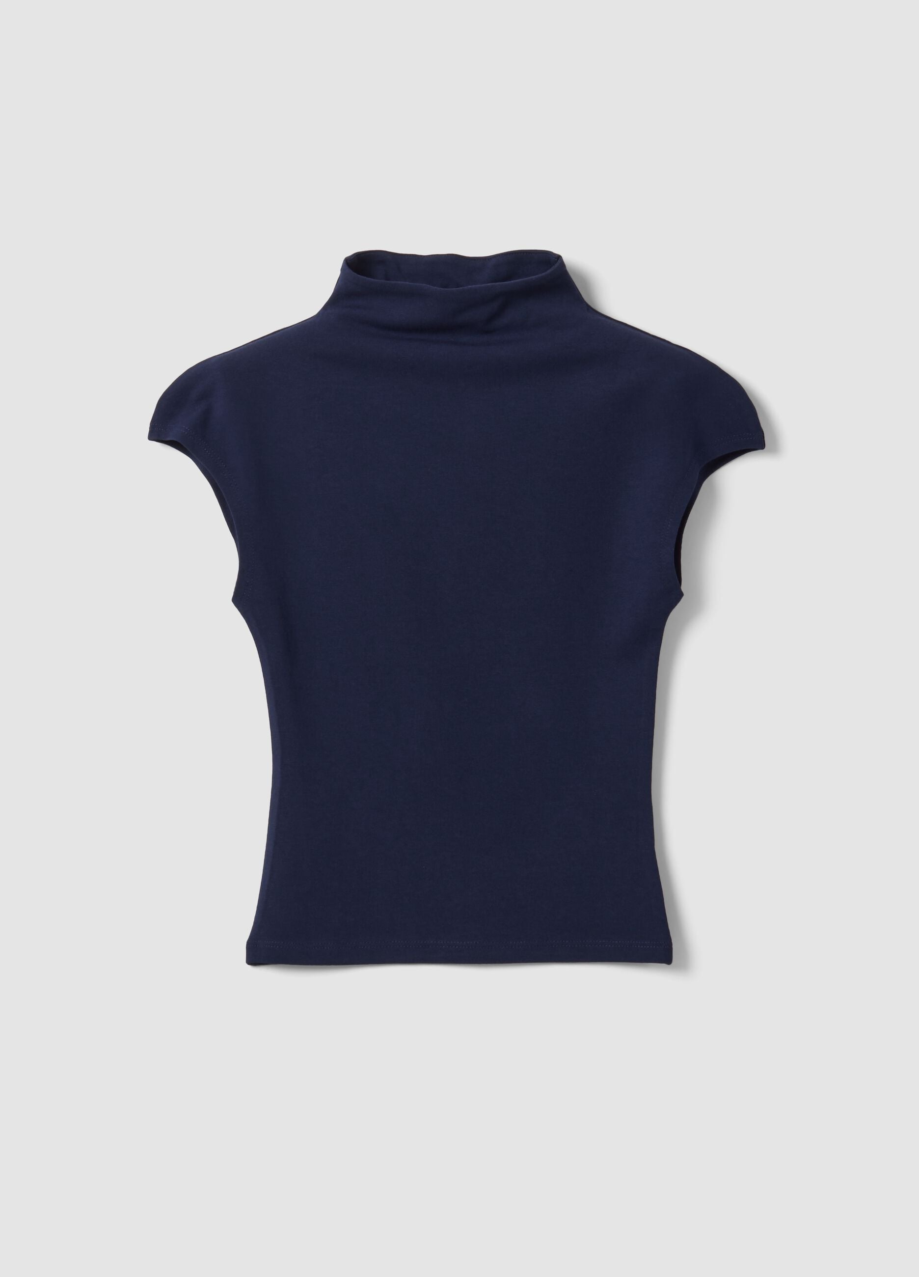 Blue fitted modal and stretch cotton T-shirt with raised neckline