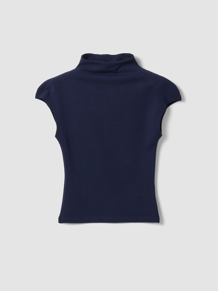 Blue fitted modal and stretch cotton T-shirt with raised neckline_0