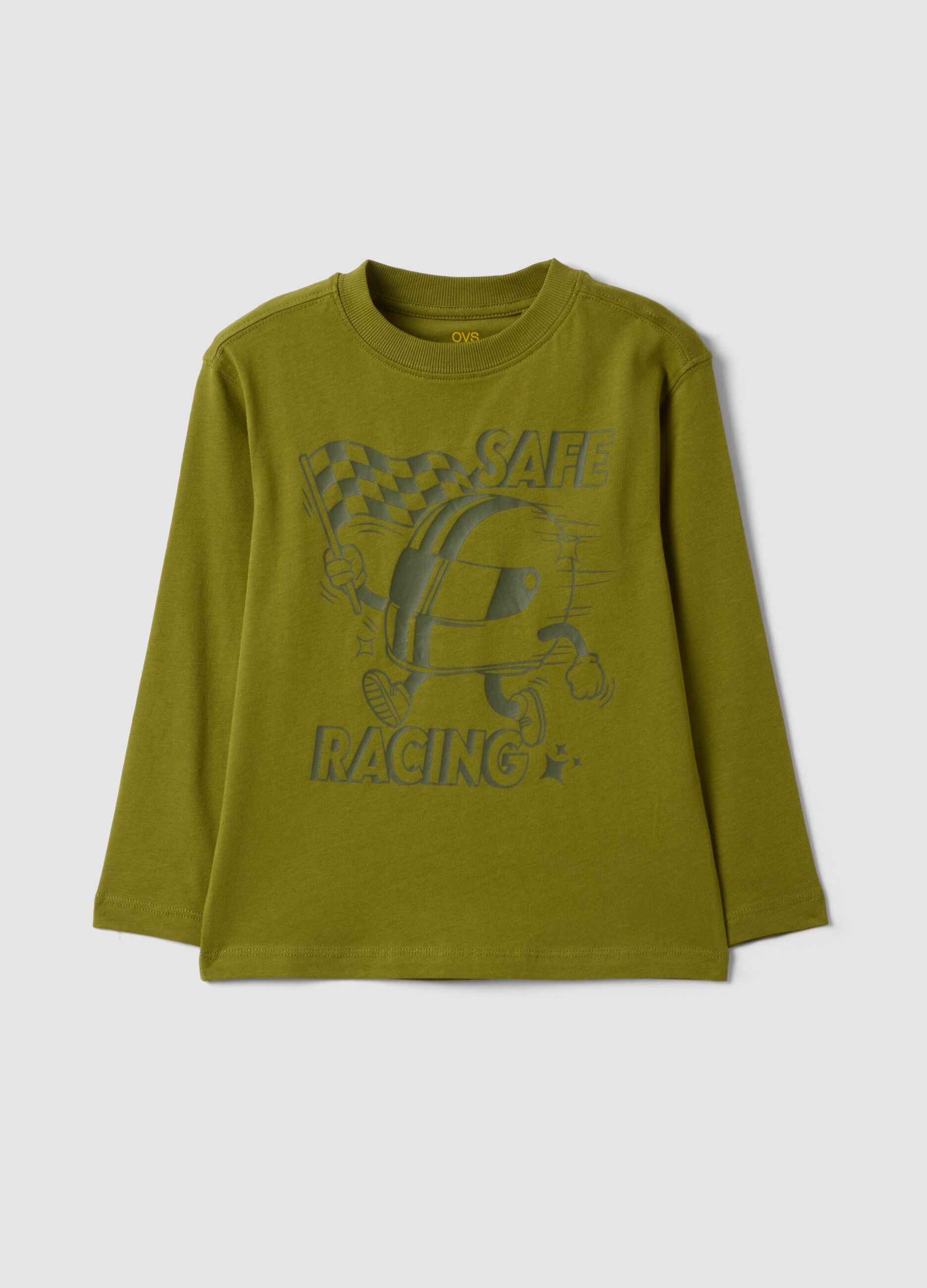 Green oversized T-shirt in pure organic cotton with racing print for boys