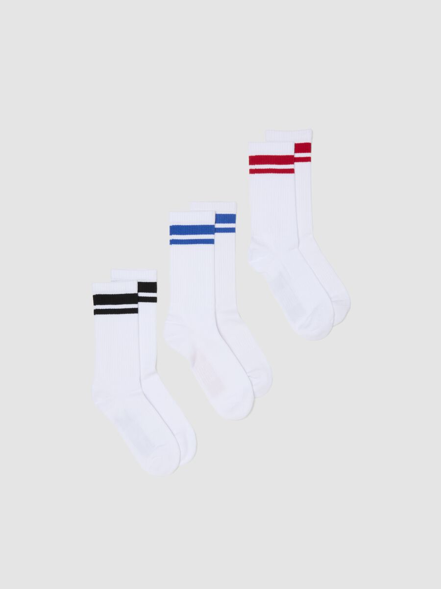Tripack di calze sportive bianche con righe multicolor in cotone elasticizzato_0