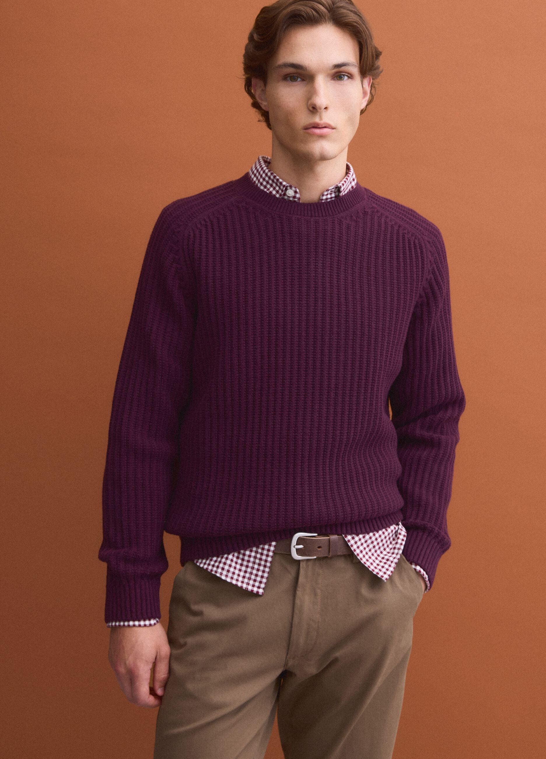 Purple ribbed cotton-blend crew-neck jumper, regular fit