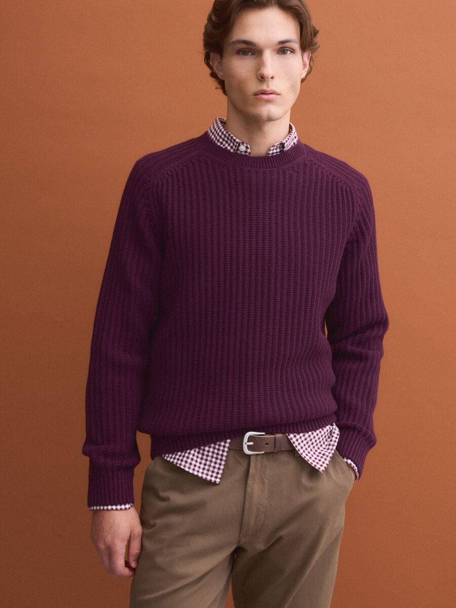 Purple ribbed cotton-blend crew-neck jumper, regular fit_0