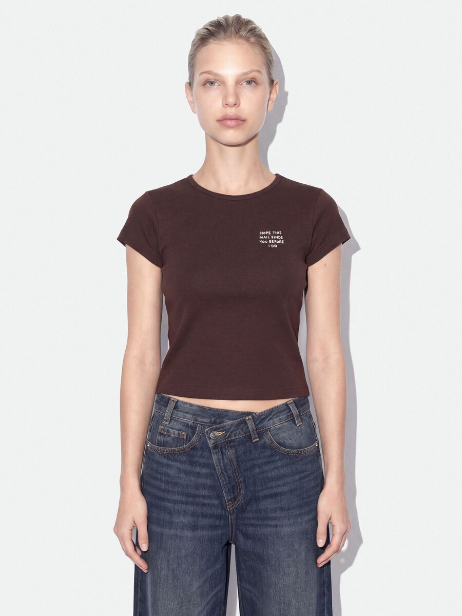 Brown pure cotton crew-neck T-shirt with slogan_0