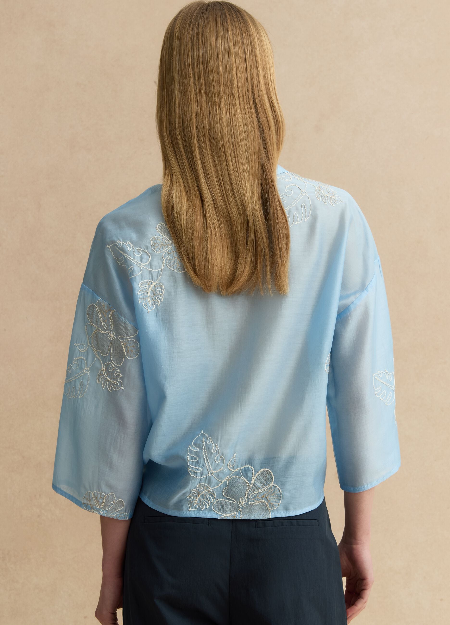 Regular fit blue lyocell blend shirt with floral embroidery