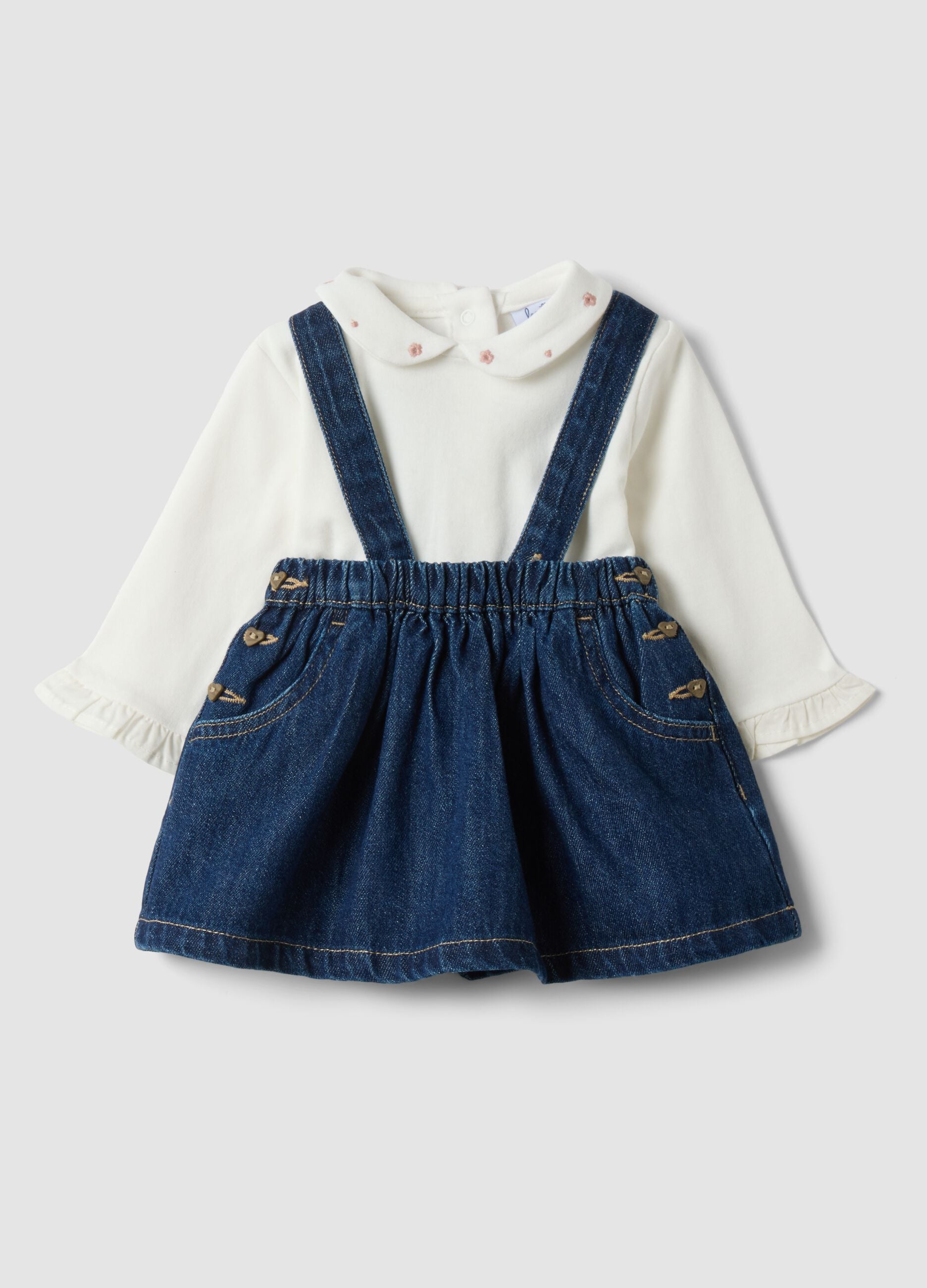 Blue and white cotton-viscose blend set with classic collar for baby girl