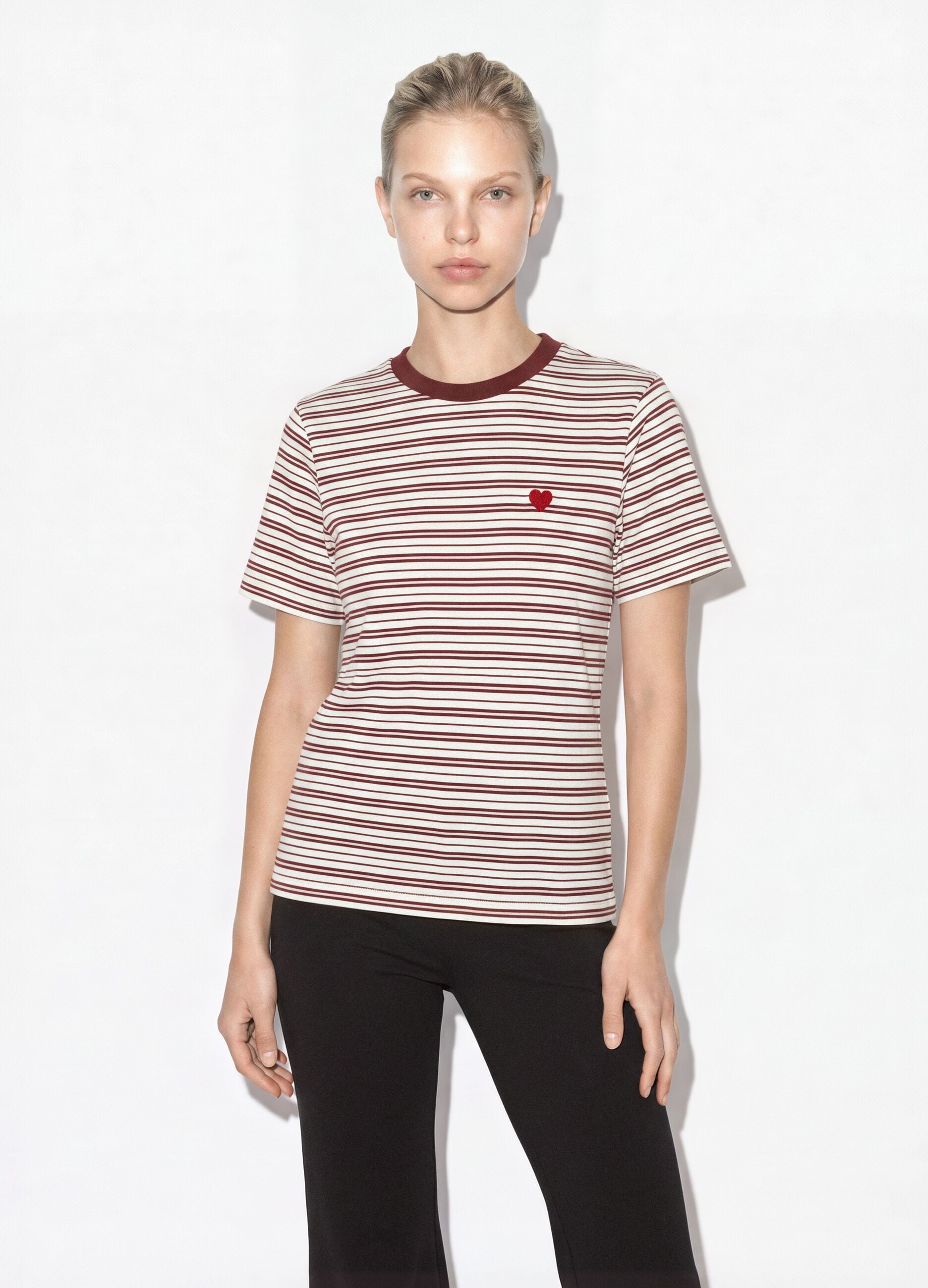 Multicolour relaxed-fit striped pure cotton T-shirt with chest embroidery