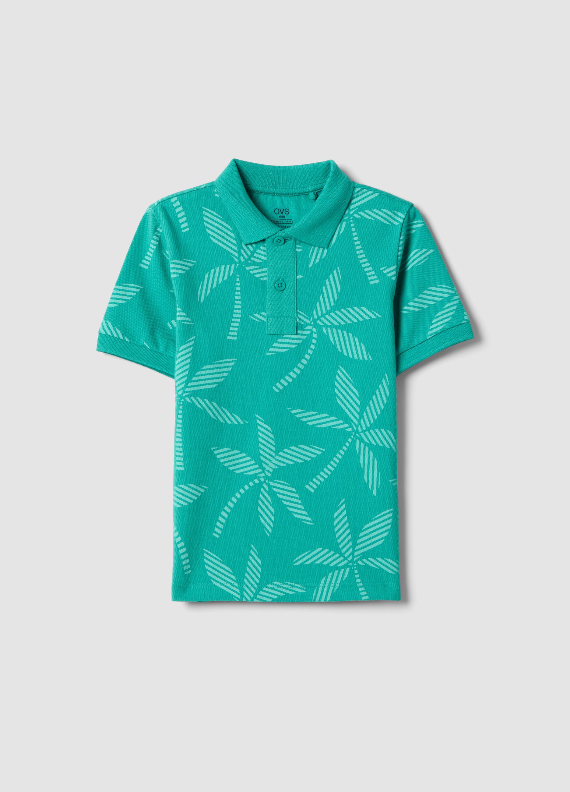 Green pure cotton boys&rsquo; polo shirt, regular fit, with floral design