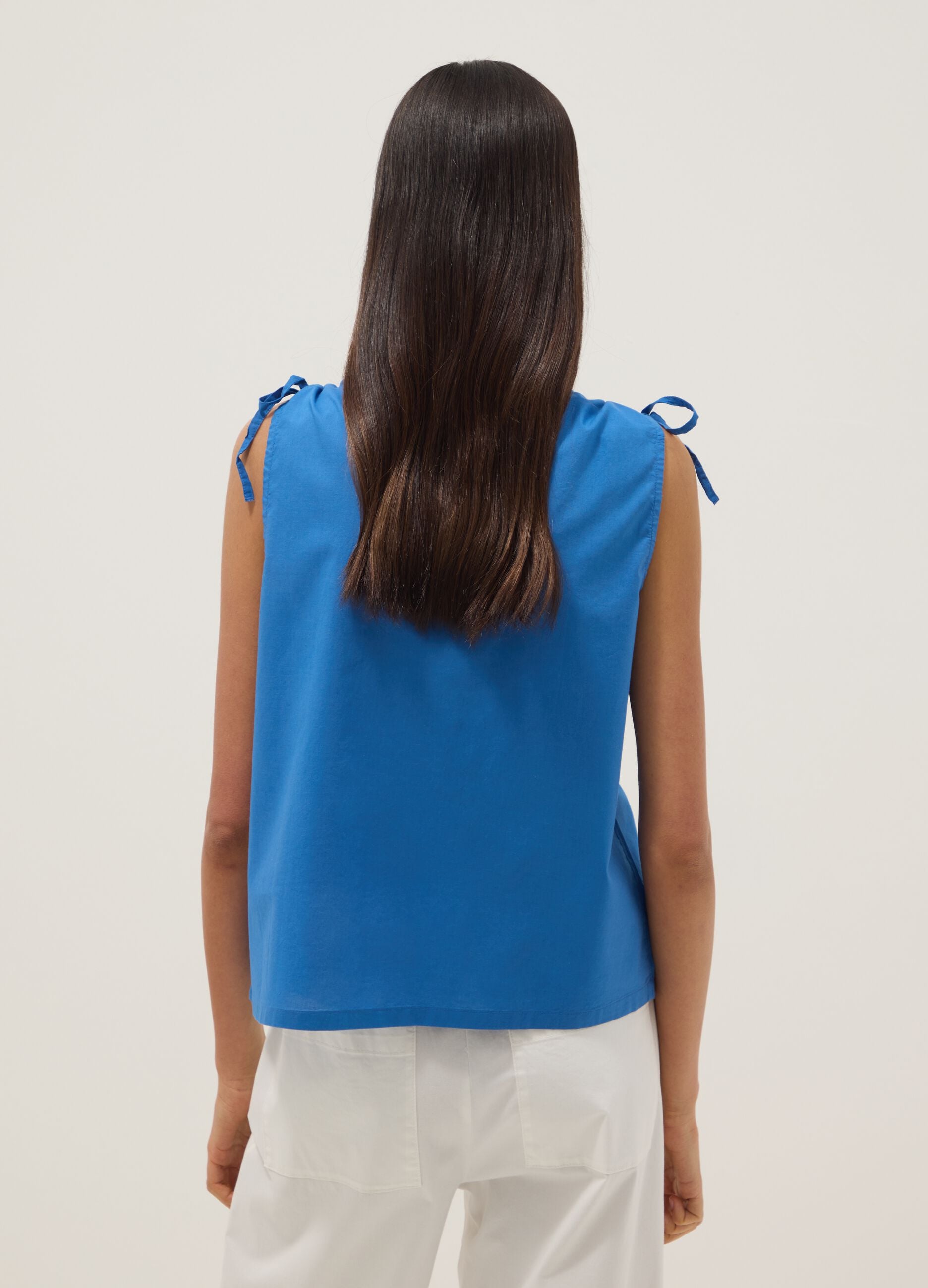Blue pure cotton V-neck blouse, regular fit