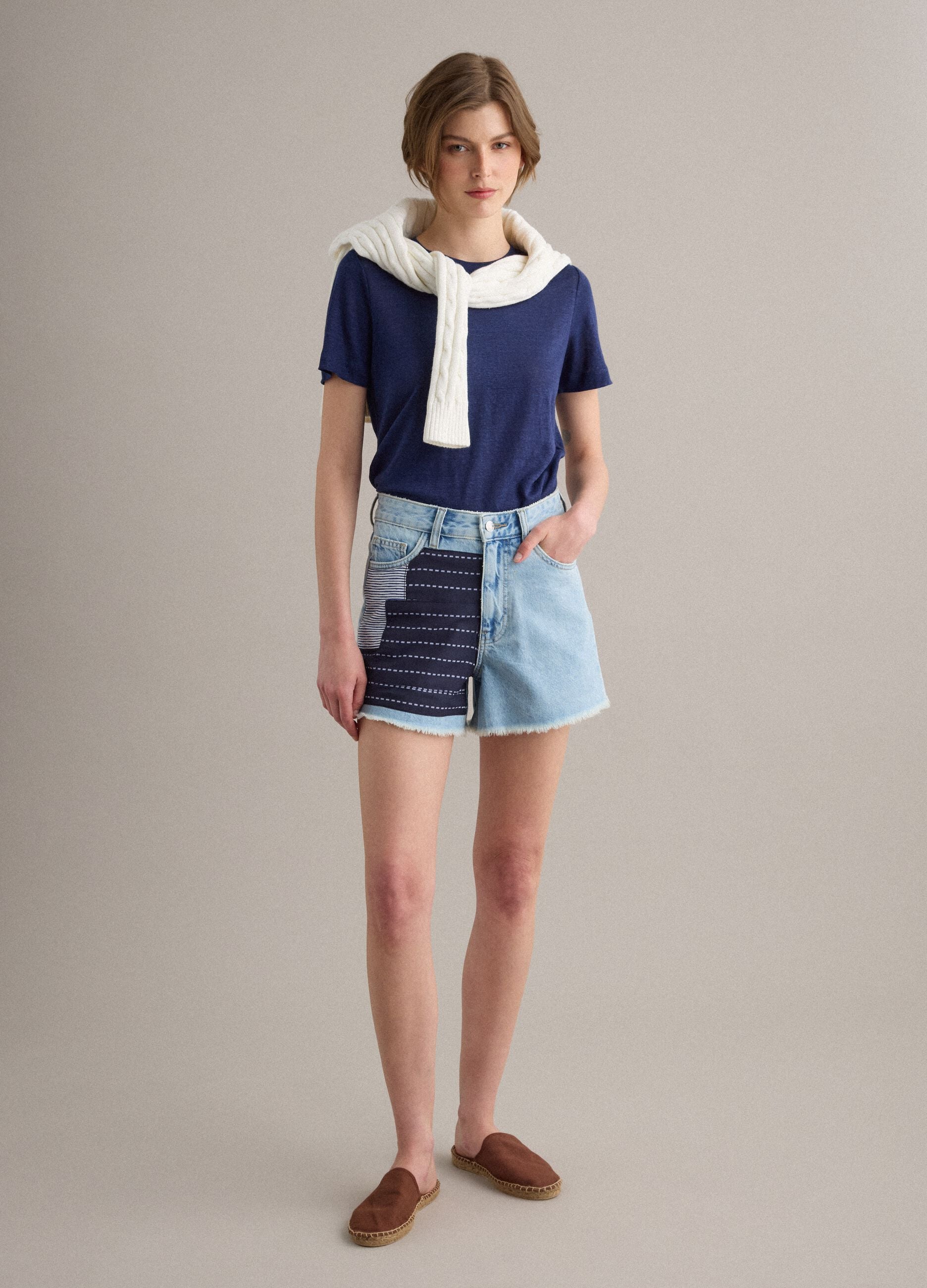 Blue pure linen short-sleeve T-shirt, regular fit