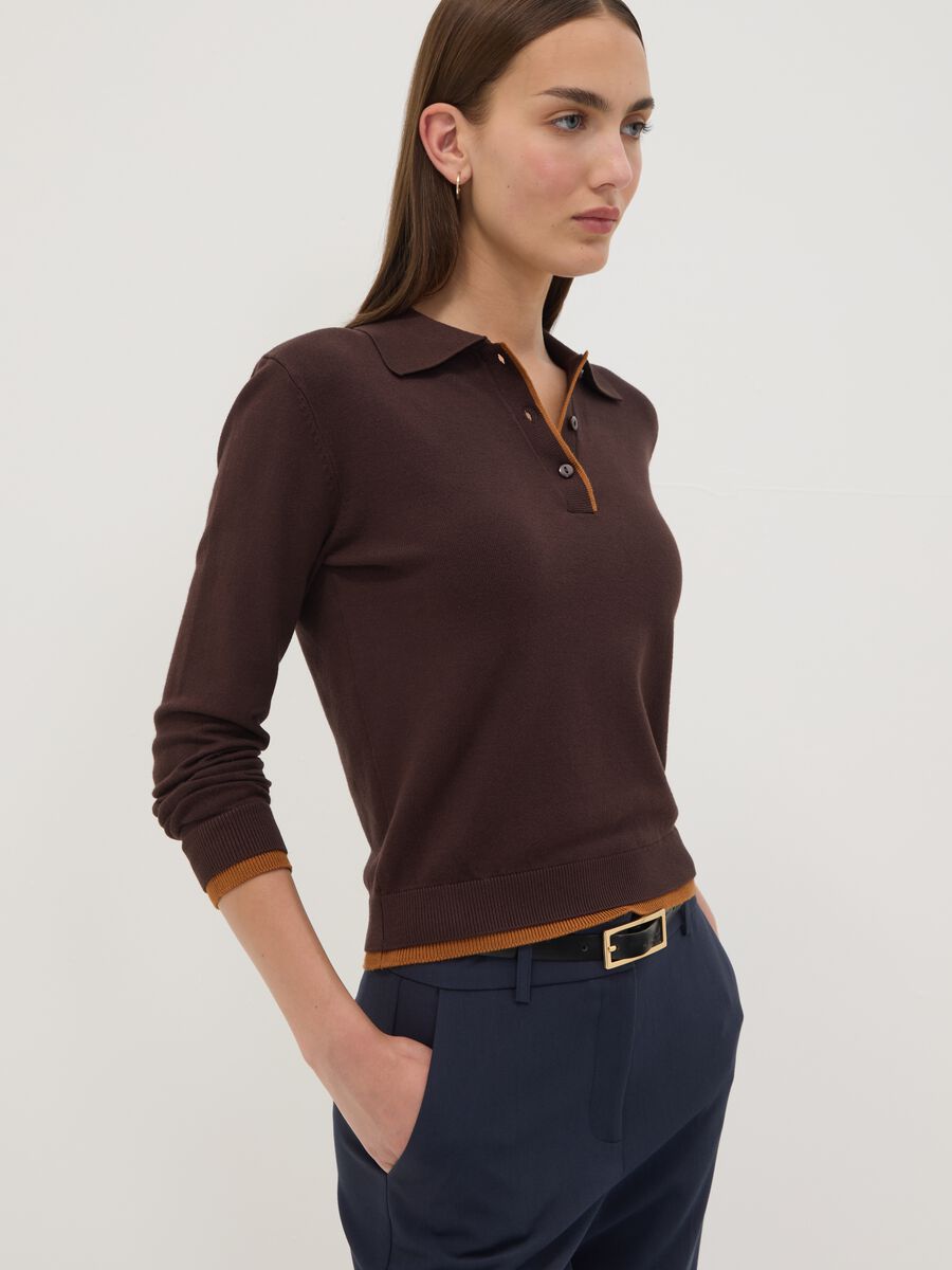 Brown viscose-blend polo-collar jumper, regular fit_1