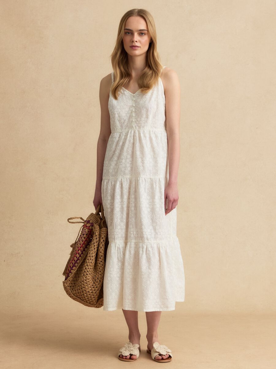 White pure cotton midi dress with embroidery_0