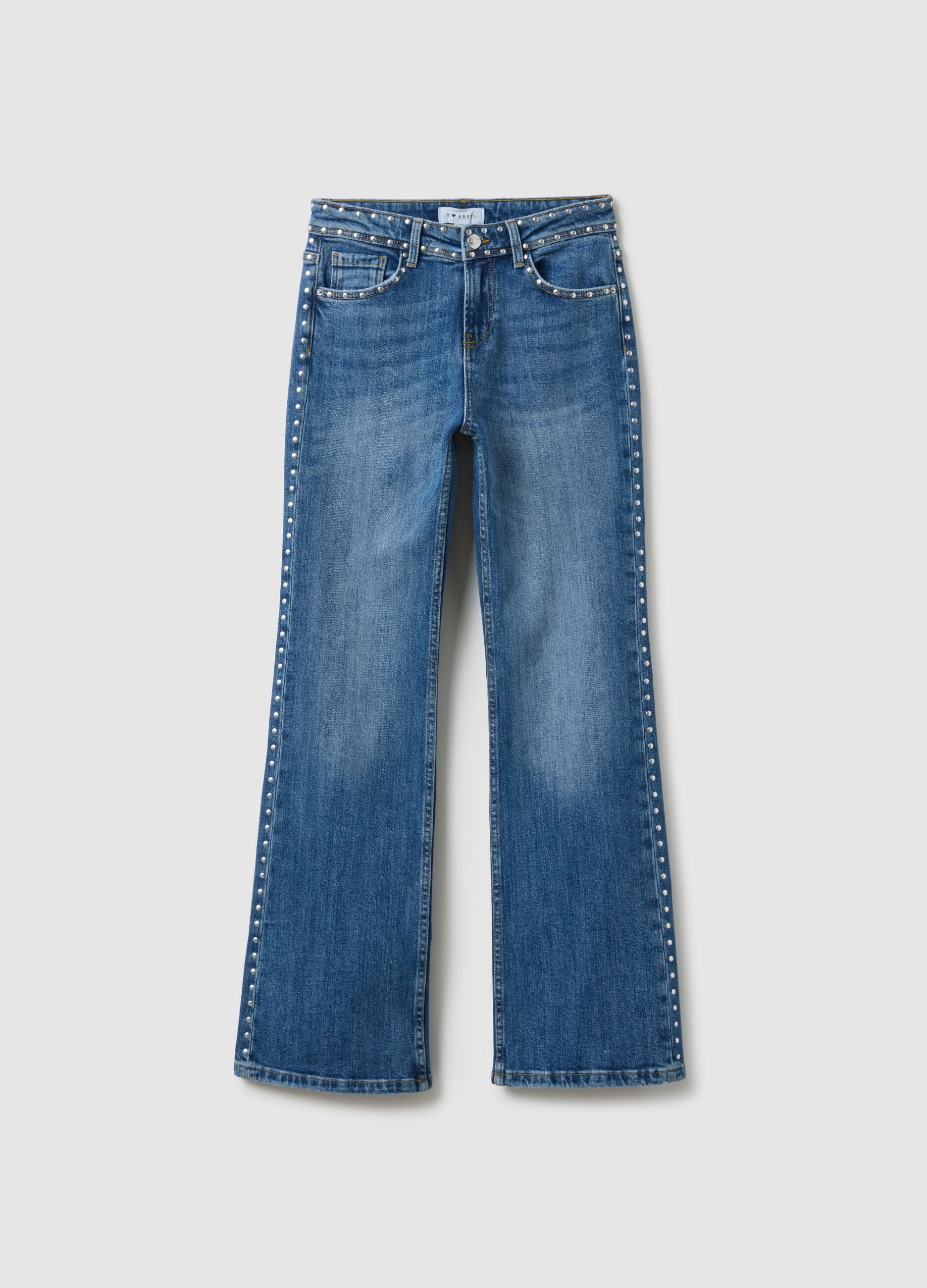 Blue denim bootcut jeans with studs