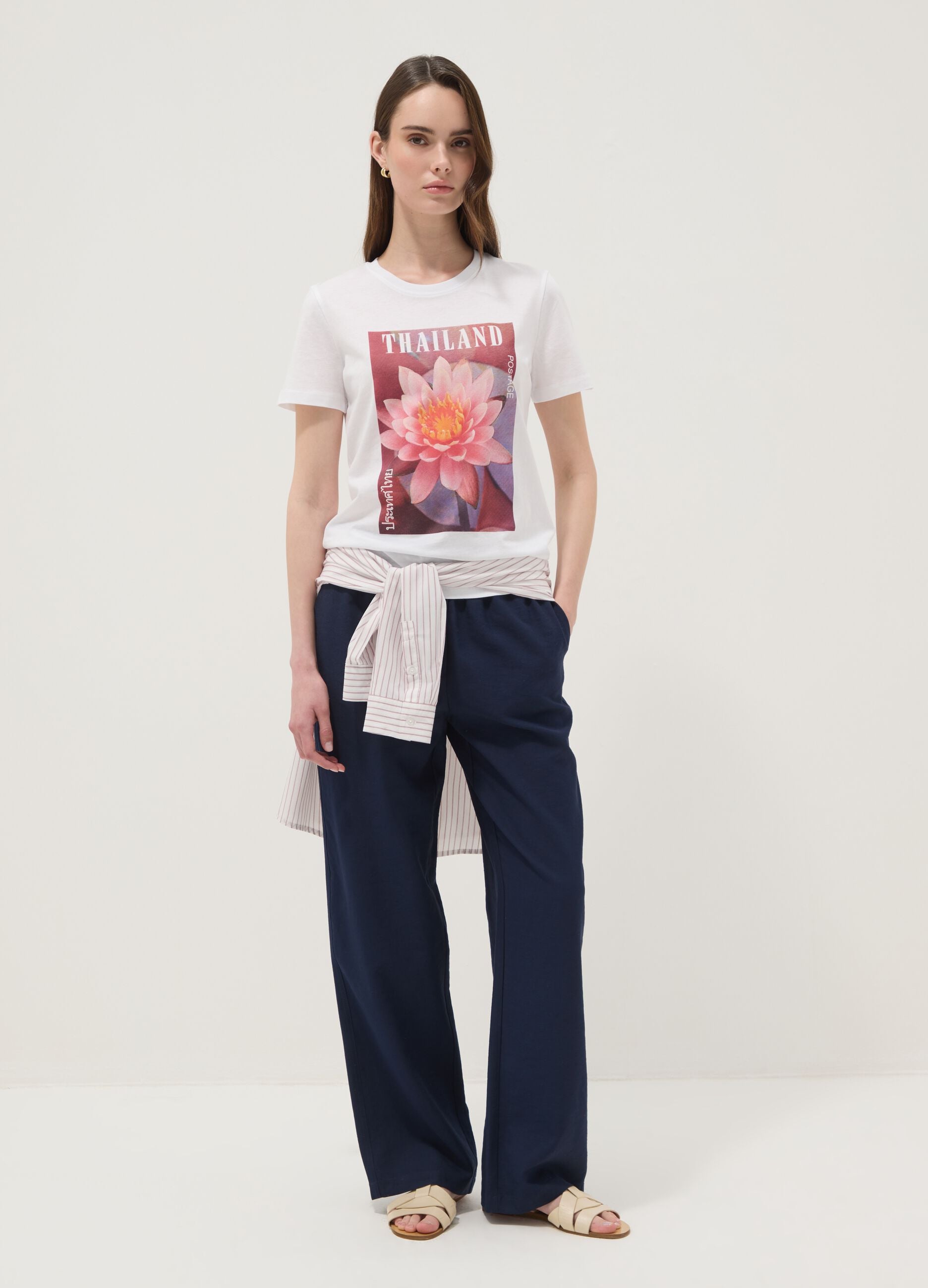White pure cotton T-shirt with floral print