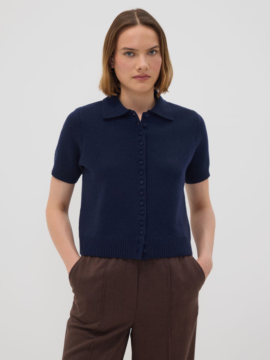 Blue wool-blend polo-collar cardigan, regular fit_0