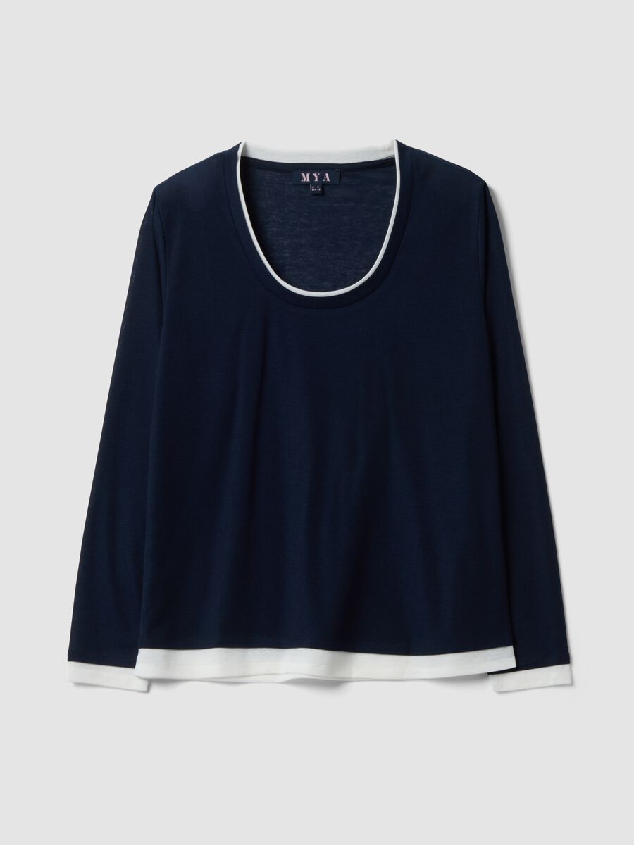 Blue viscose-blend T-shirt with white contrast crew neck, regular fit_0