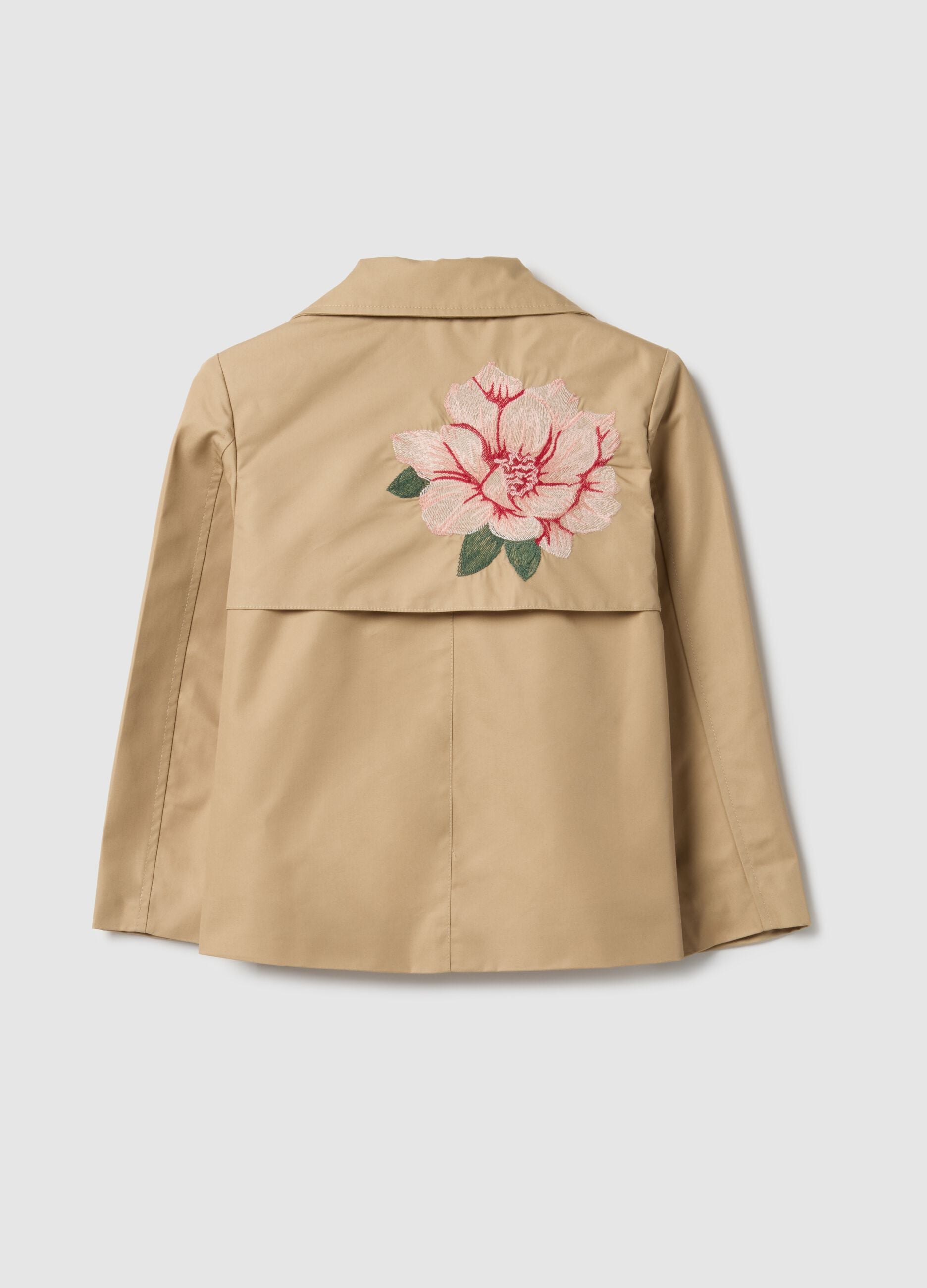 Double-breasted beige cotton blend girl's trench coat with embroidery