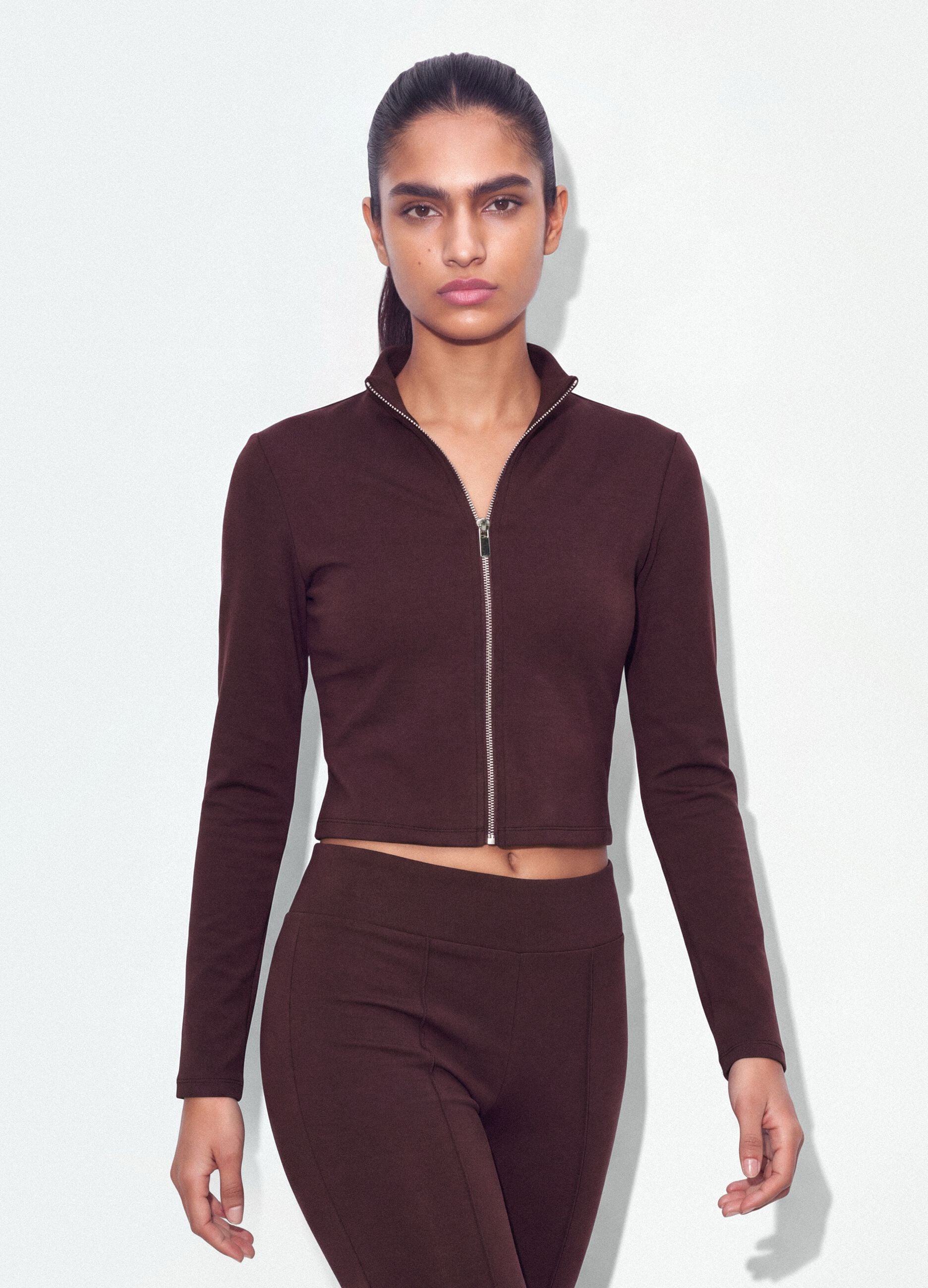 Purple fitted stretch-modal sweatshirt with high neck