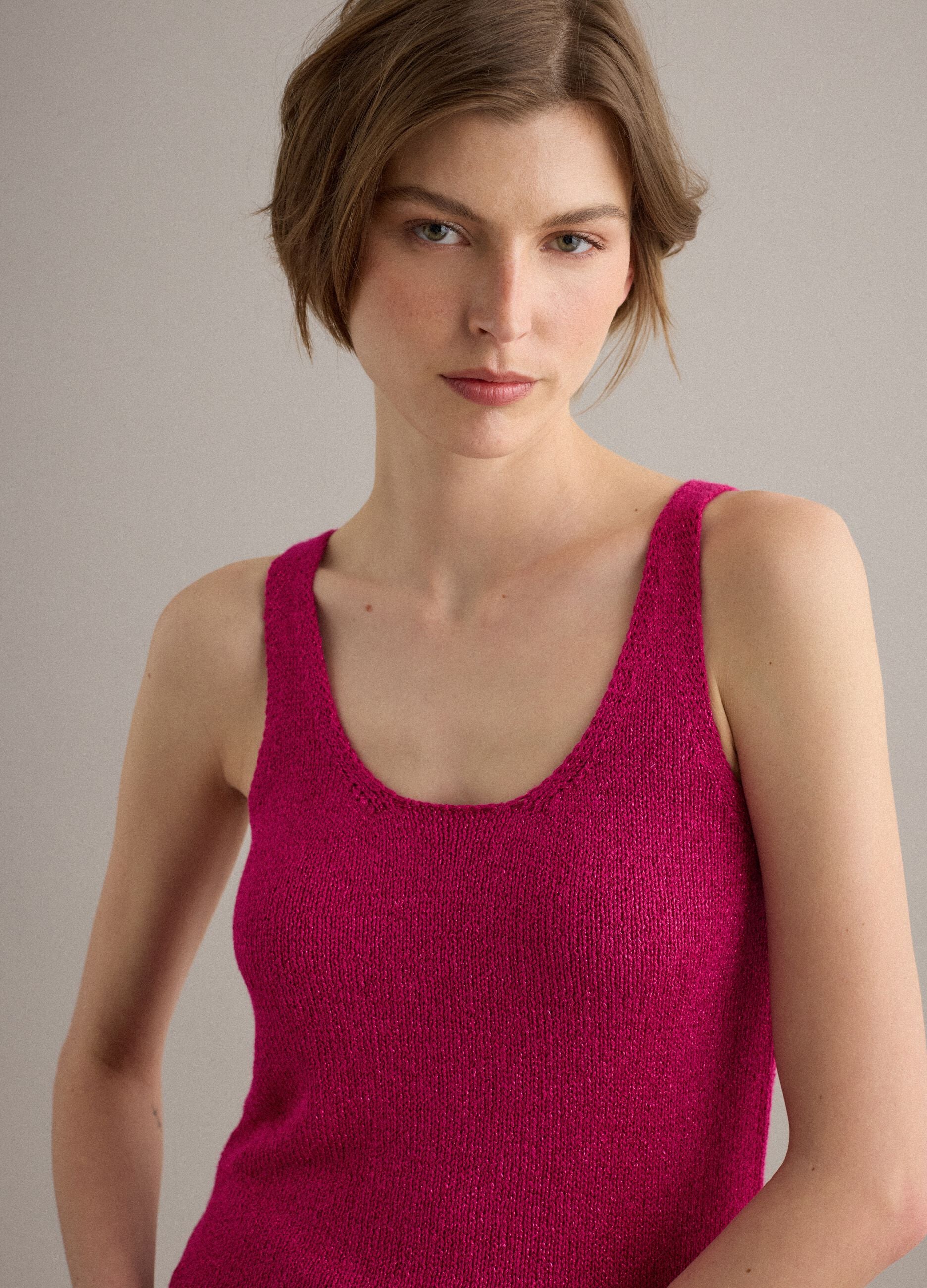 Pink viscose-blend regular-fit glitter tank top