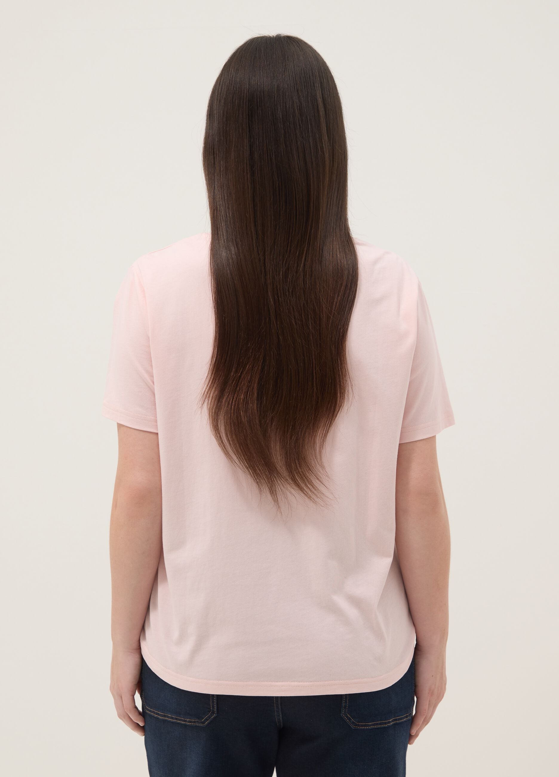 Pink pure cotton T-shirt with embroidered neckline