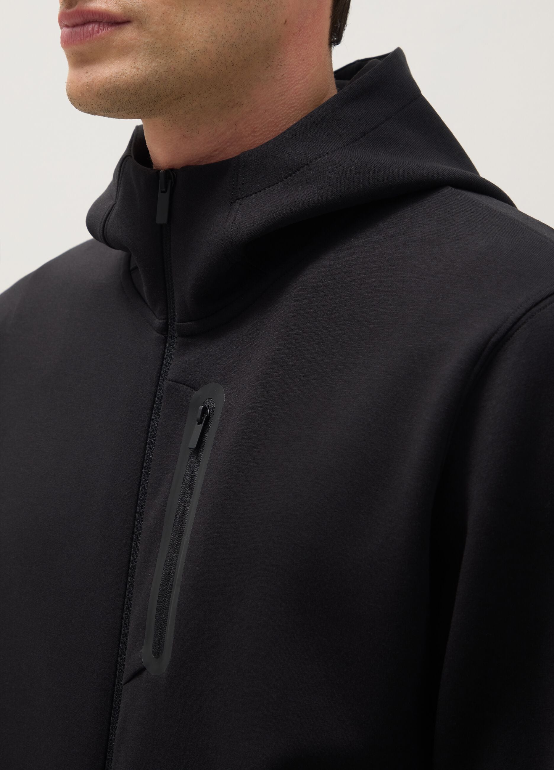 Black regular fit hoodie with front zip collar