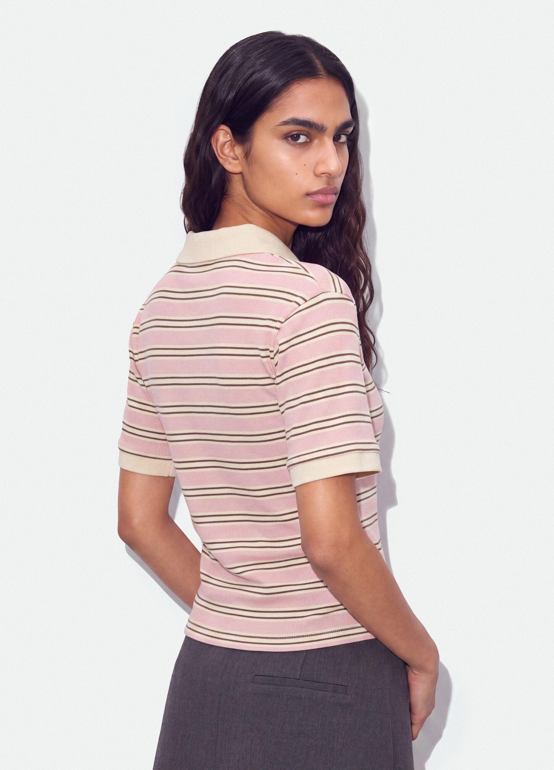 Pink striped cropped stretch-cotton polo, regular fit