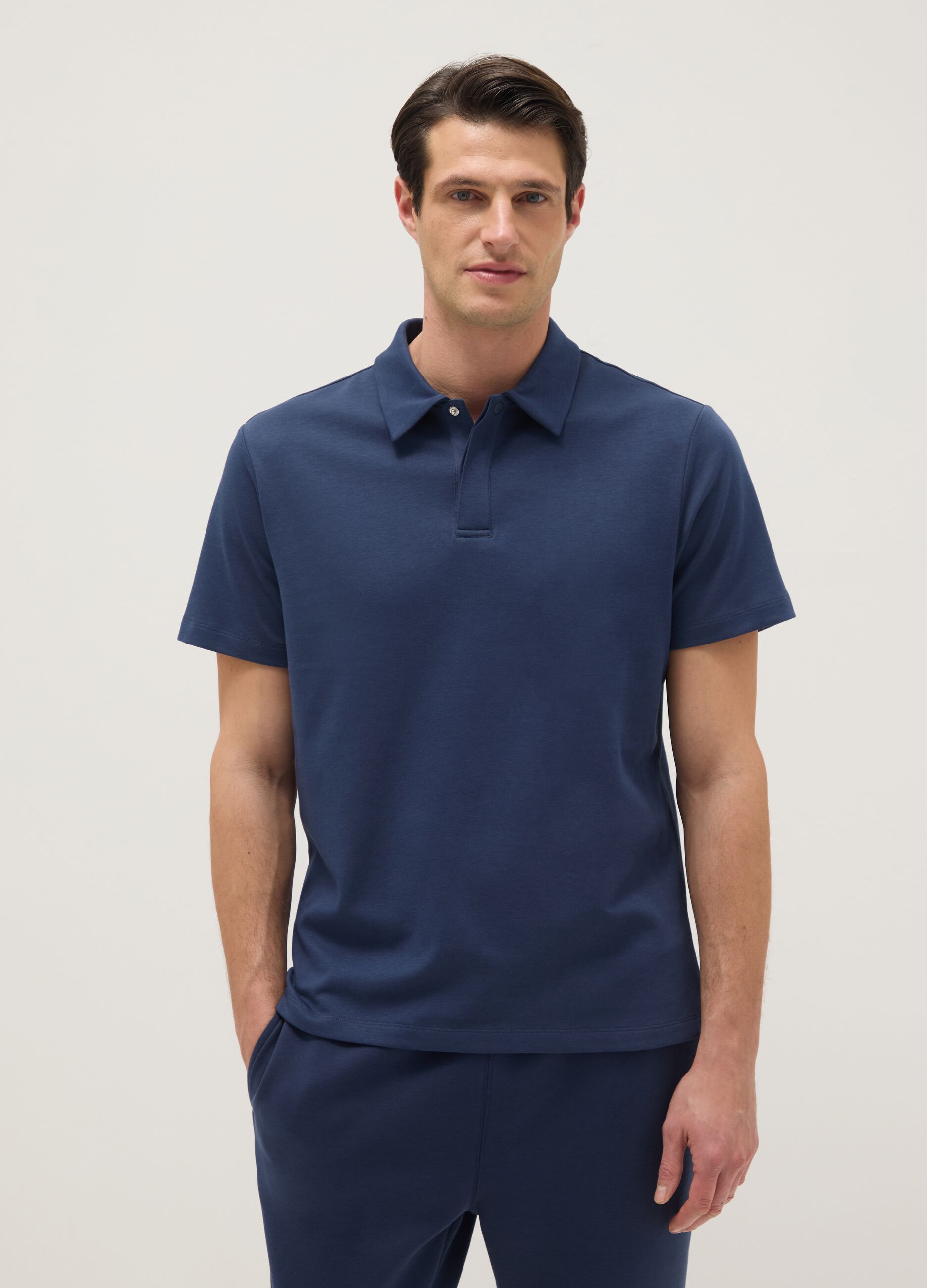 Blue short sleeve cotton blend polo shirt regular fit