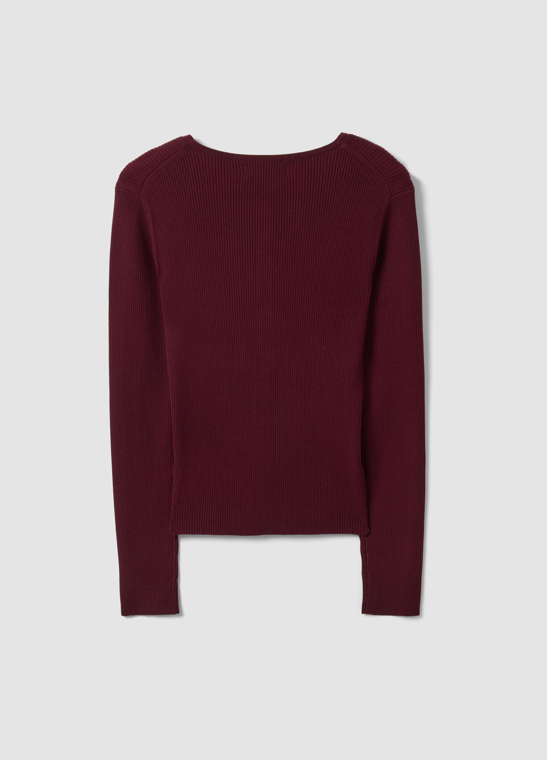 Red fitted ribbed viscose-blend top with buttons