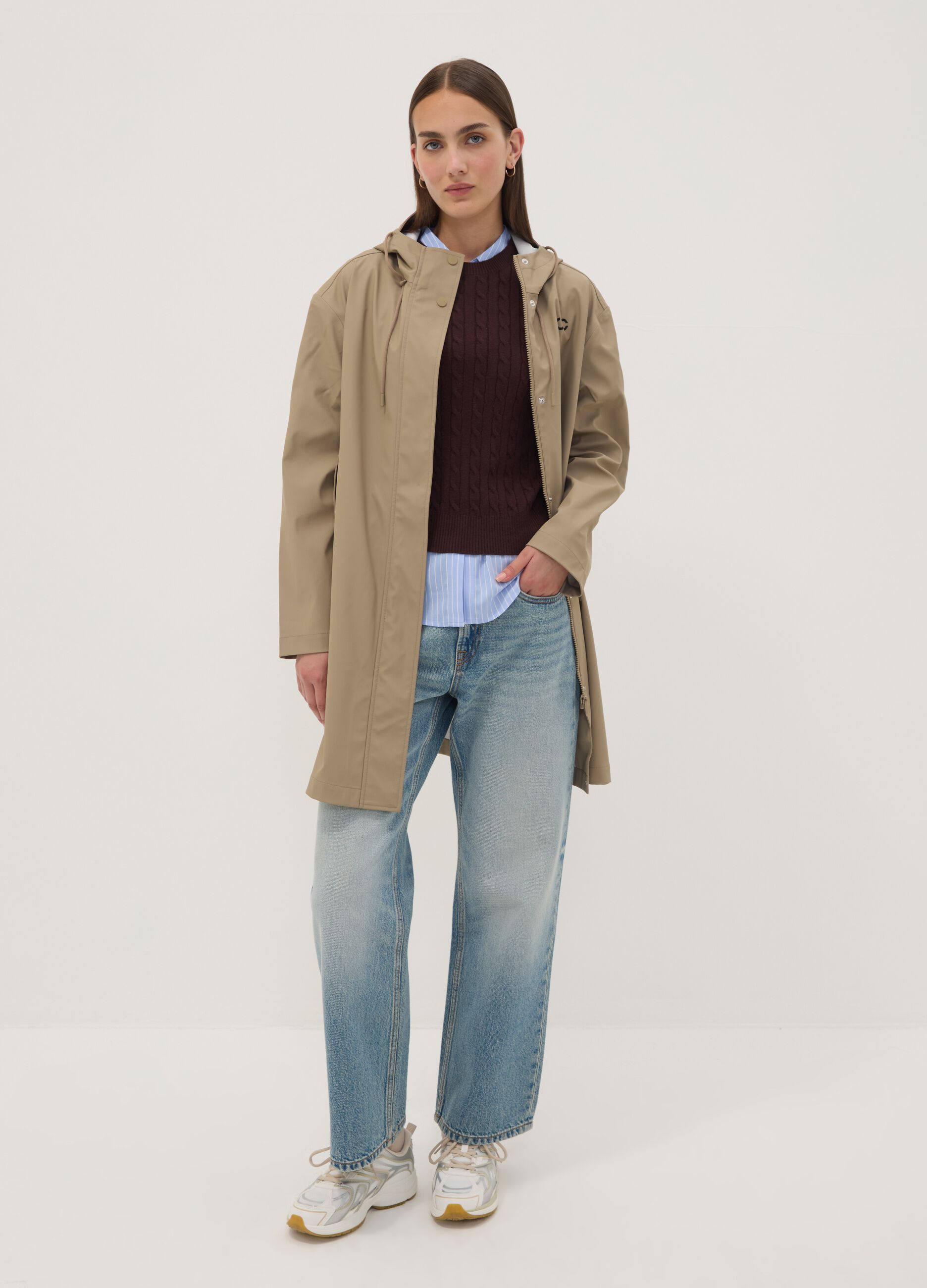 Beige long hooded jacket with zip