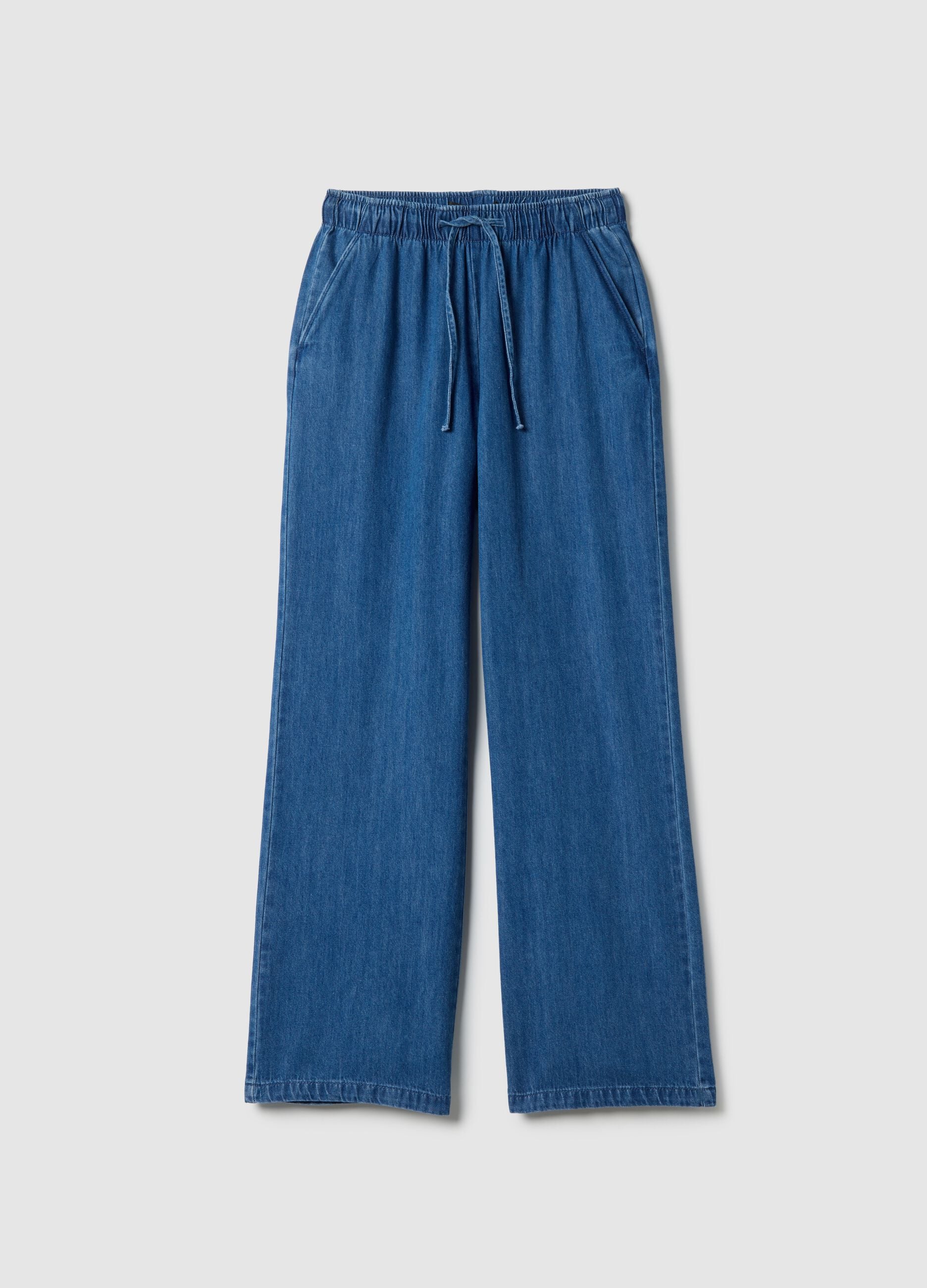 Wide leg blue denim pure cotton trousers with elastic waistband