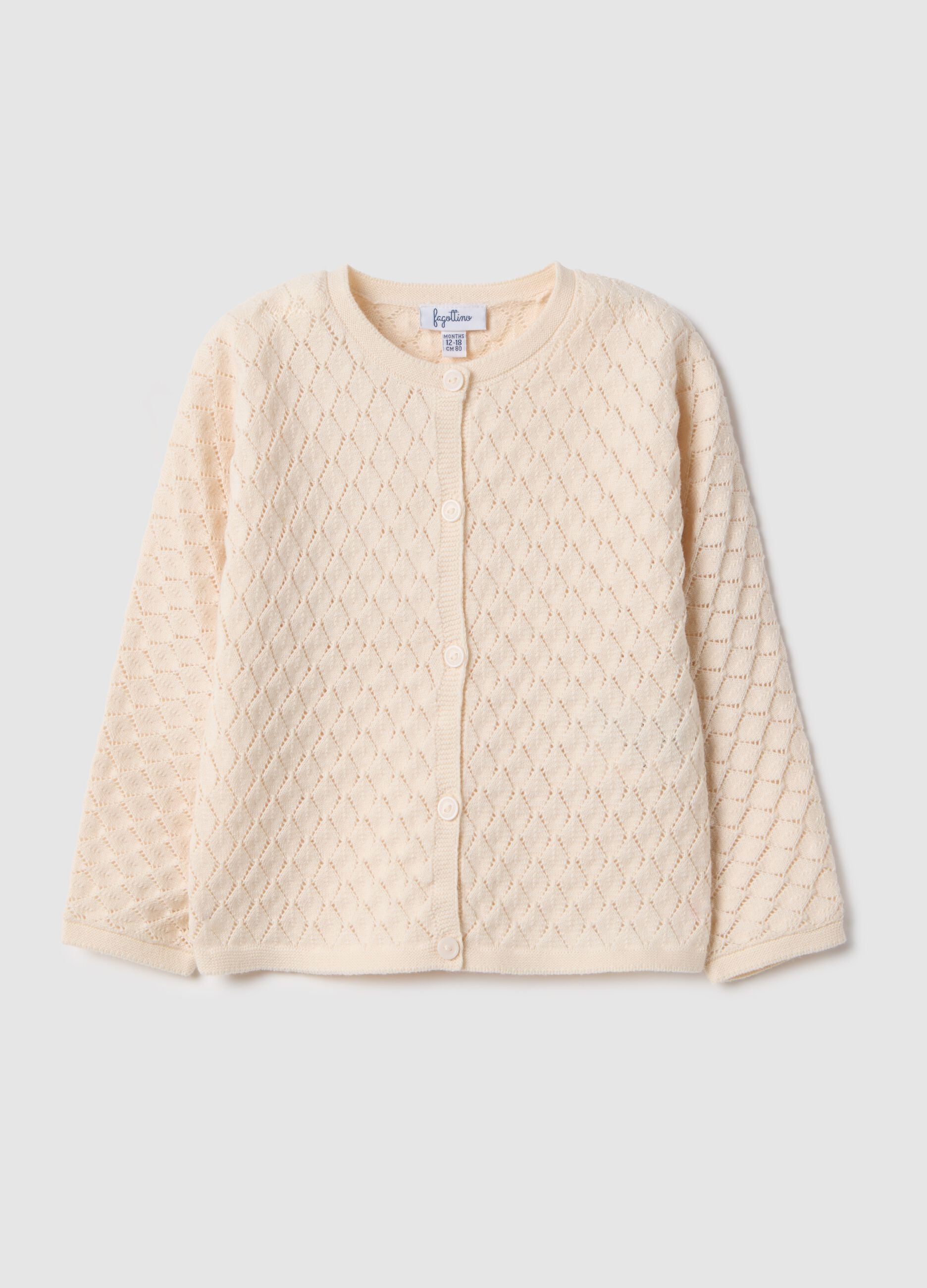 Regular fit beige cotton cardigan for girls with diamond pattern