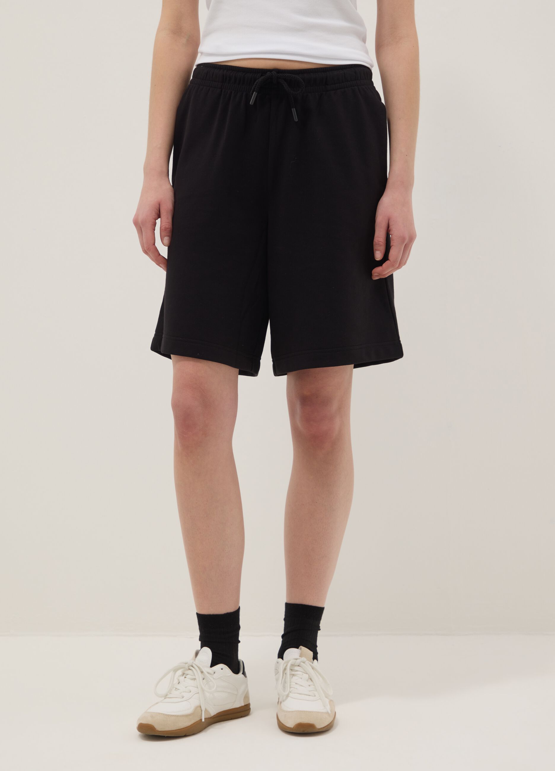 Black cotton-blend regular-fit shorts with elasticated waist
