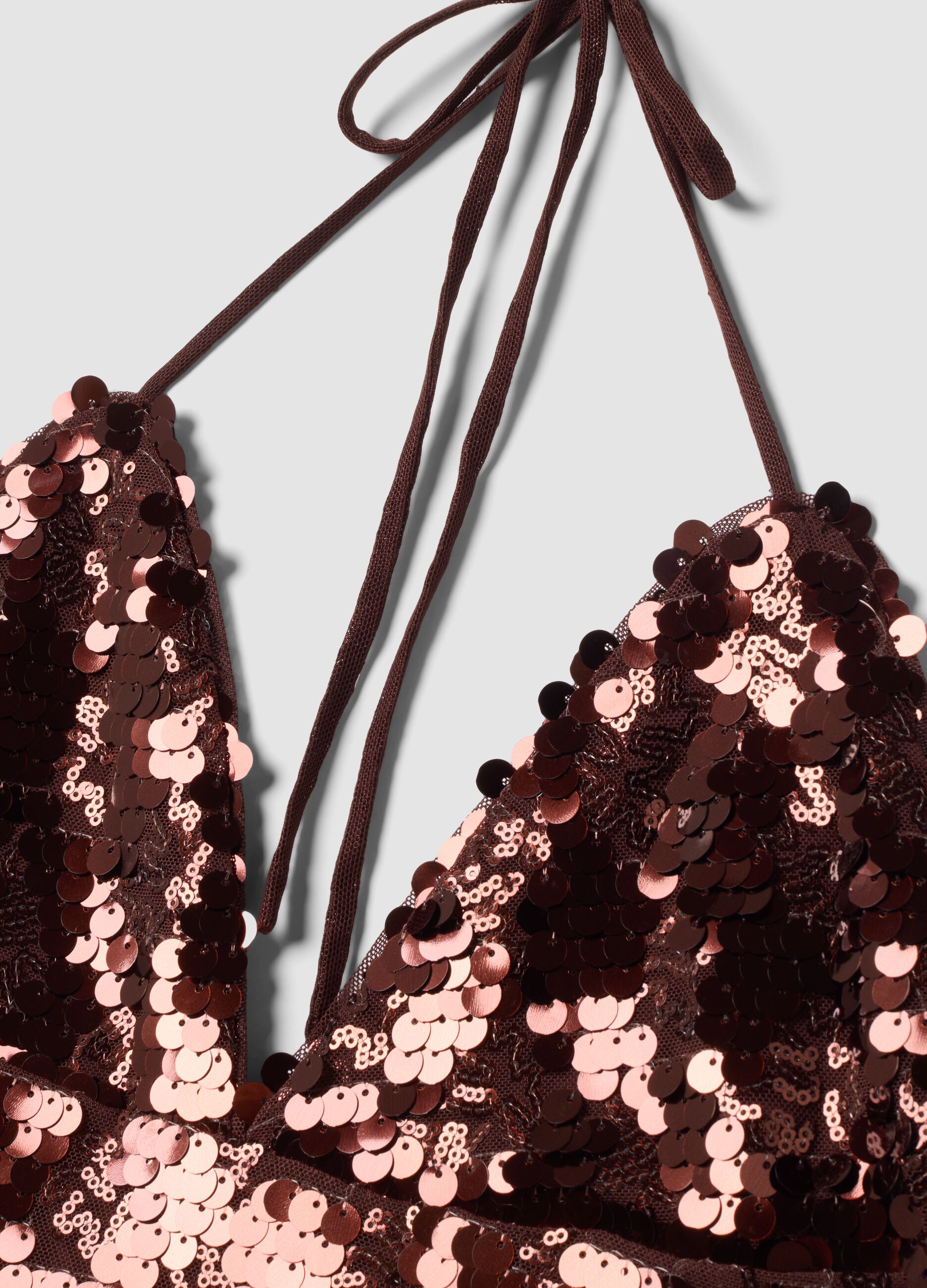 Brown sequin stretch-fabric top