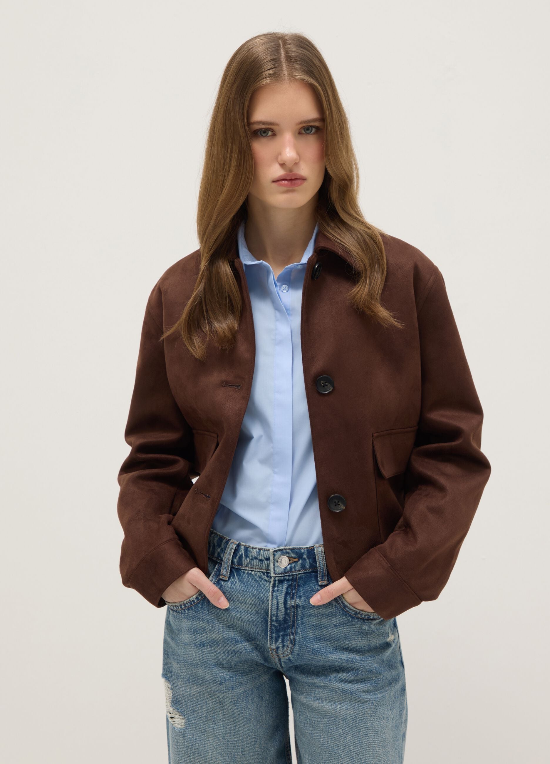 Brown regular fit jacket with buttons and pockets