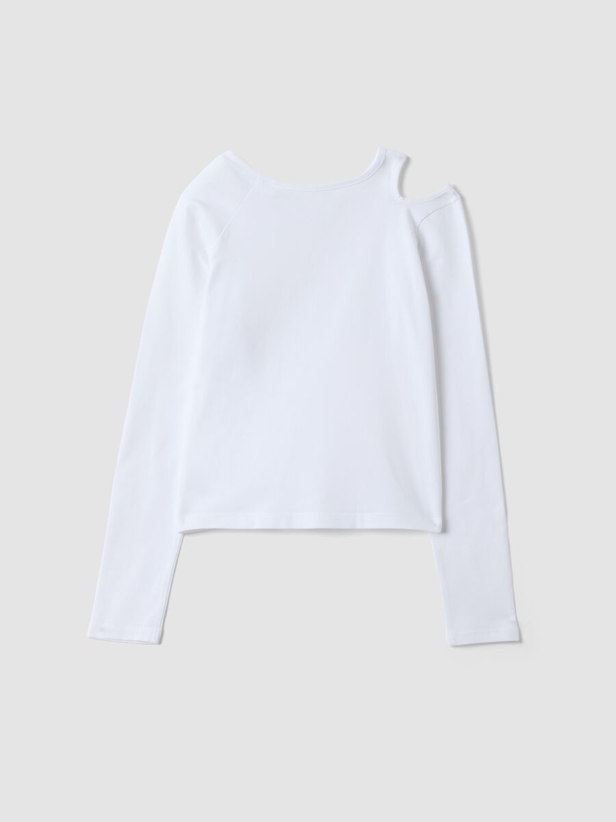 White organic stretch cotton T-shirt with shoulder cut-out for girls_5