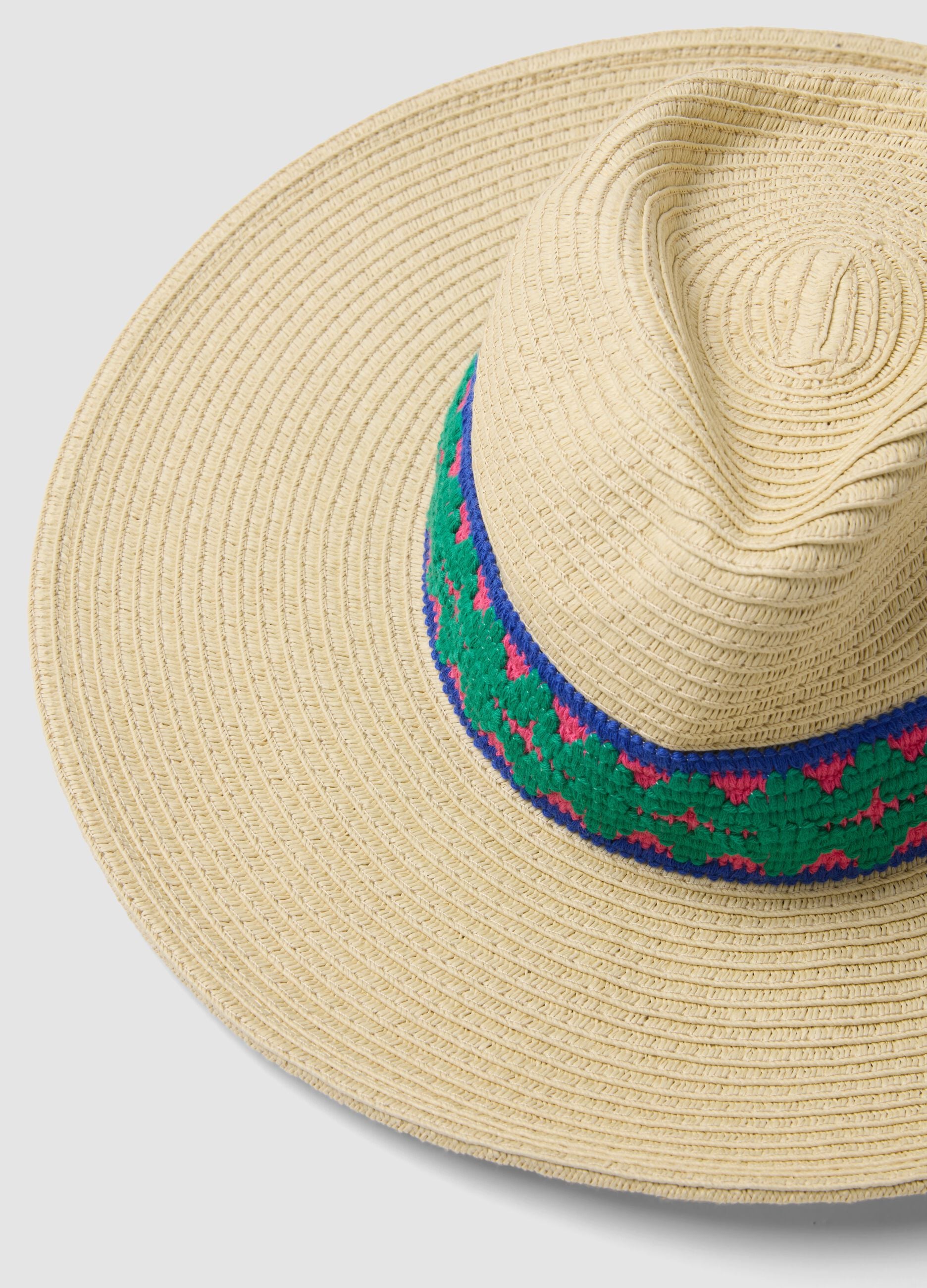 Cappello panama beige in puro tessuto carta con fascia multicolor