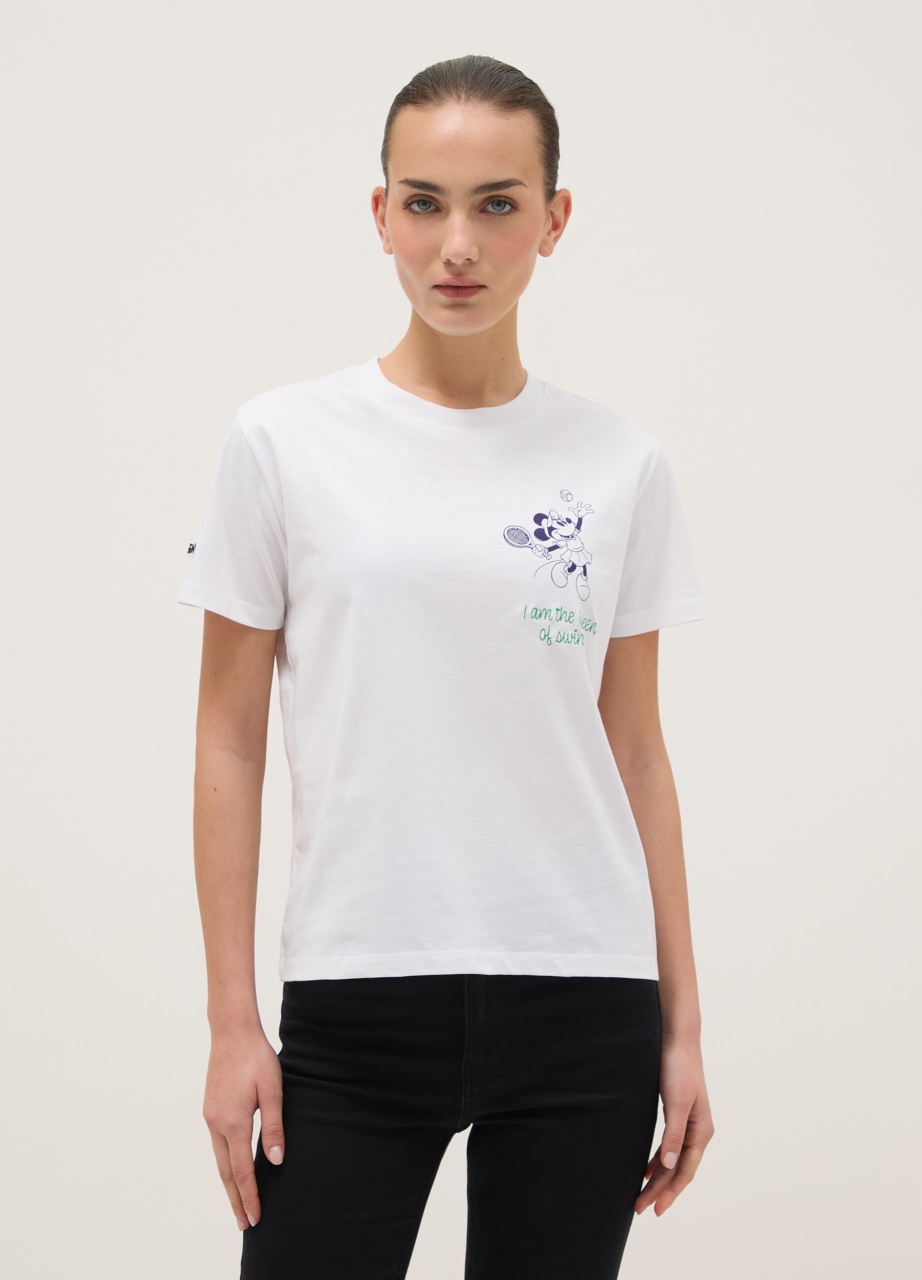 White pure cotton regular fit T-shirt with Minnie print