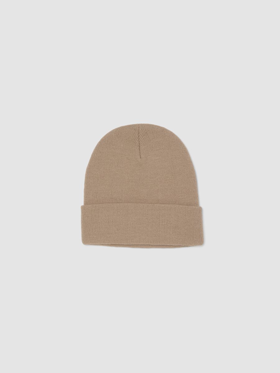 Beige jersey knit beanie with turn-up cuff_0