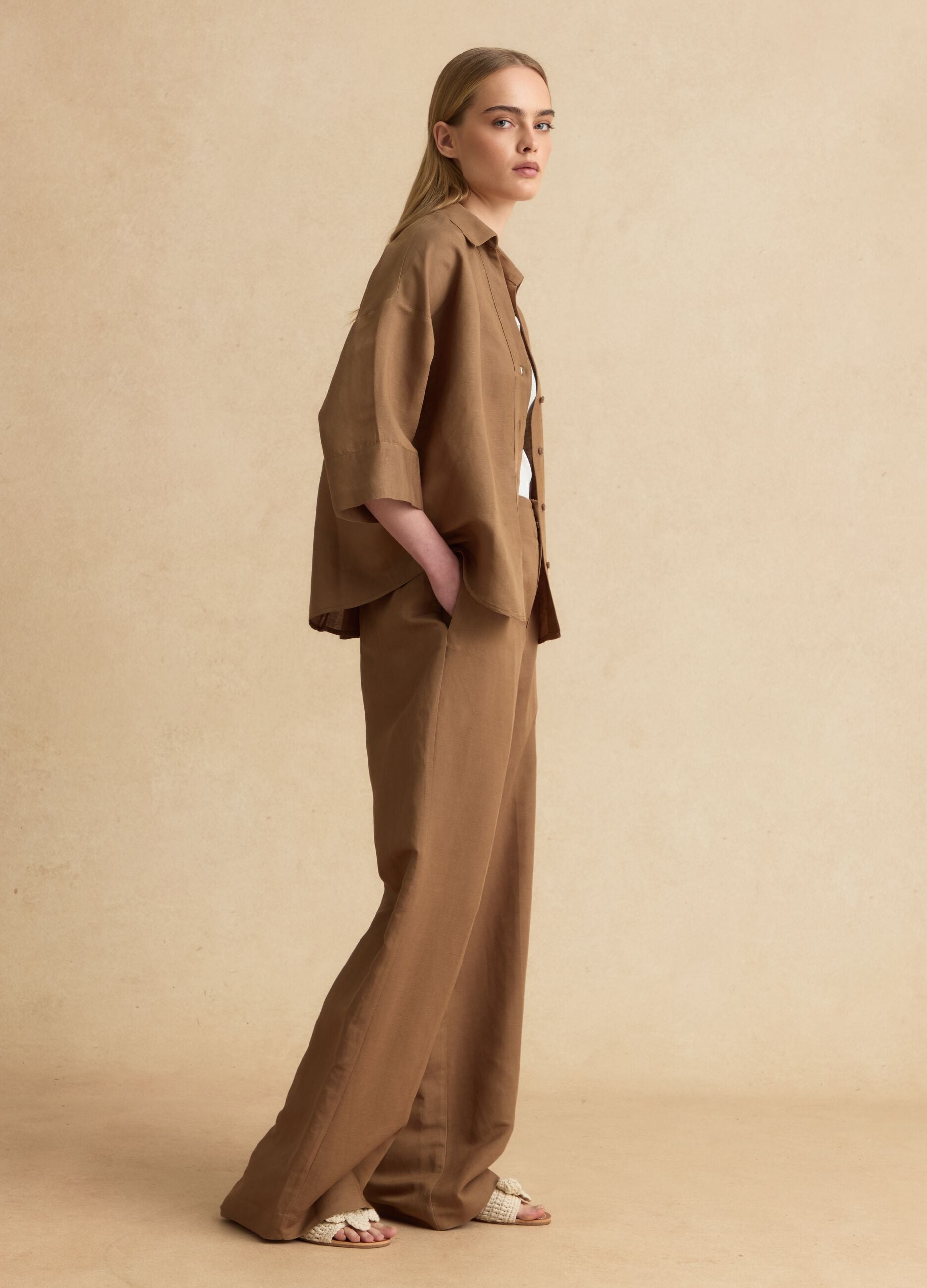 Brown linen and viscose-blend shirt