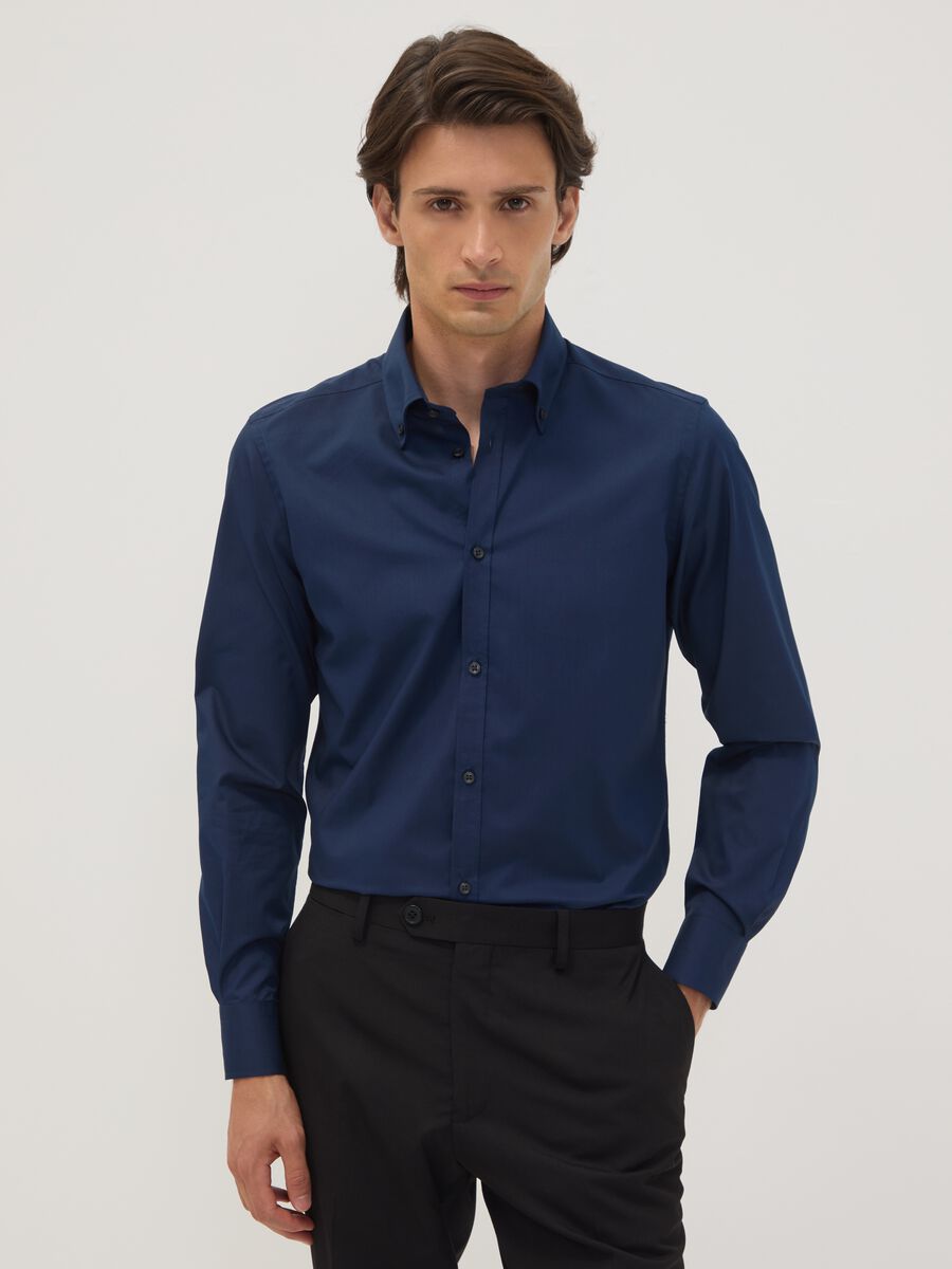 Blue slim-fit shirt with button-down collar, easy iron_0