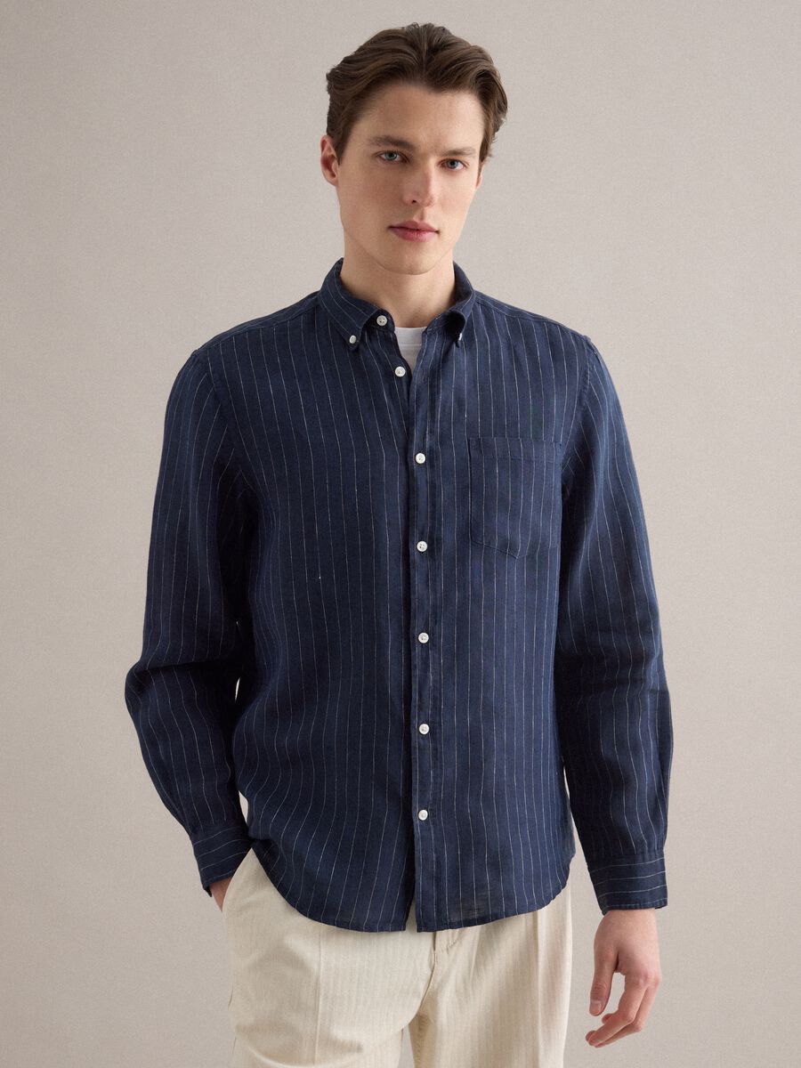 Blue stripe regular fit pure linen shirt_0