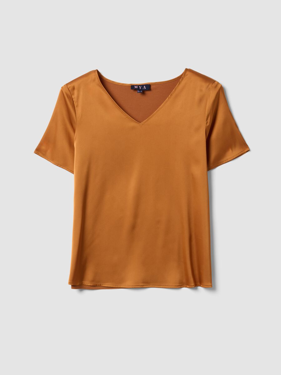 Brown satin V-neck stretch blouse, regular fit_0