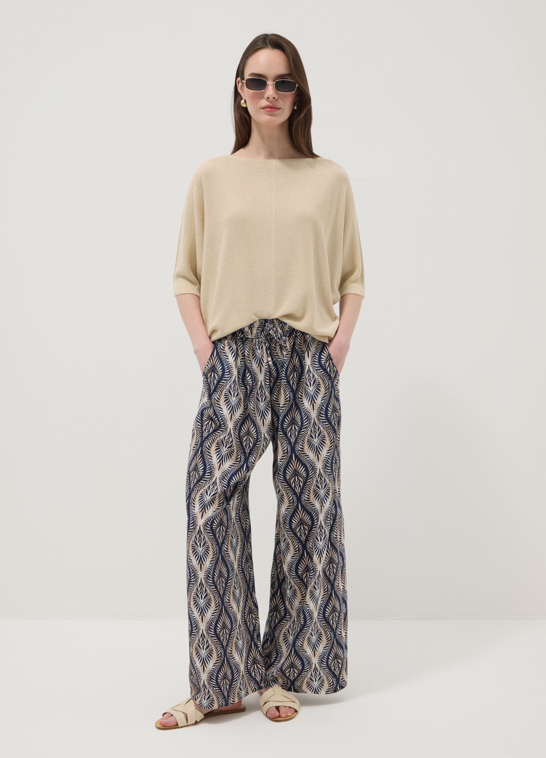 Beige viscose-blend regular-fit T-shirt