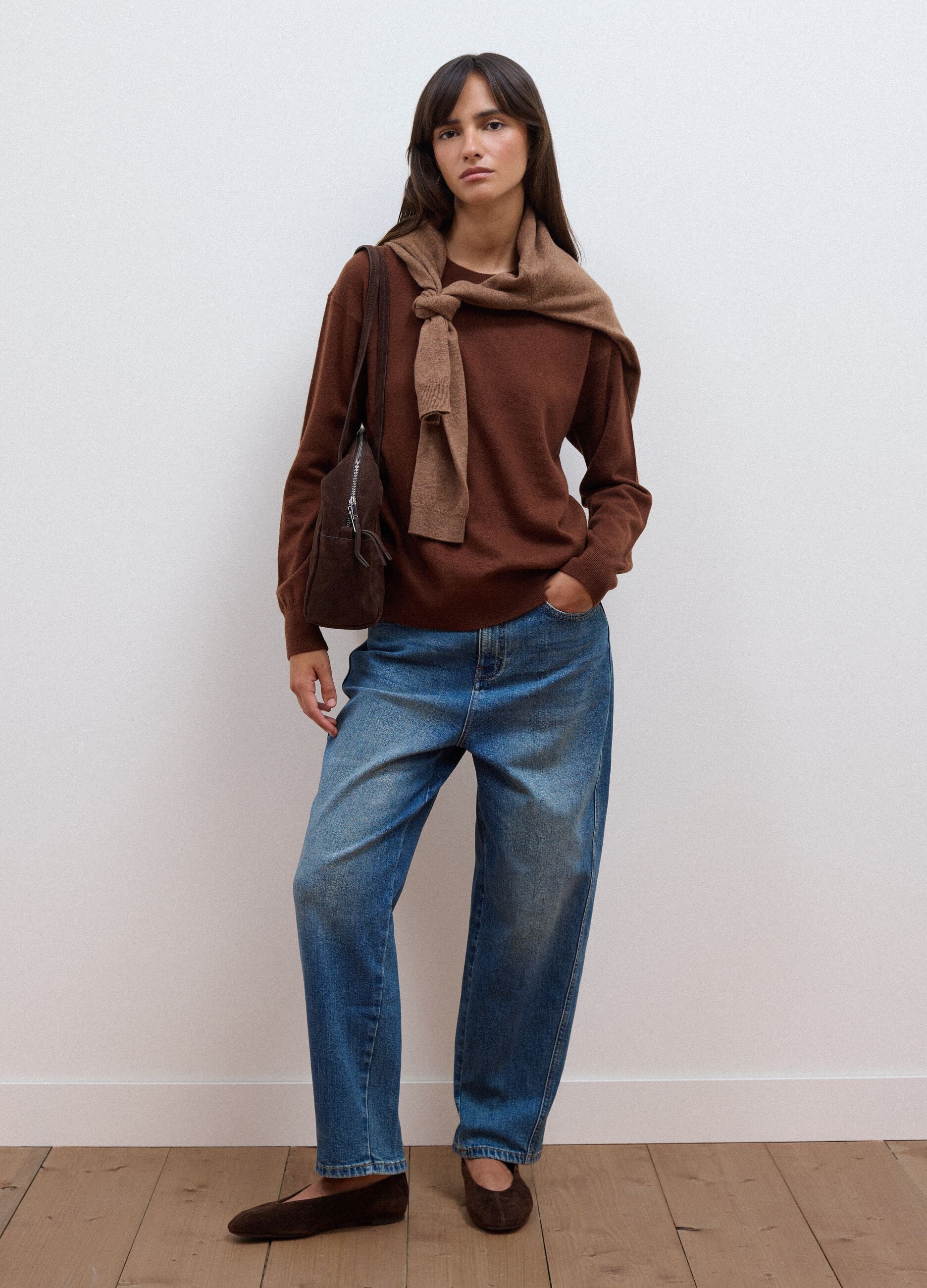 Brown pure wool crew-neck jumper with oversized fit