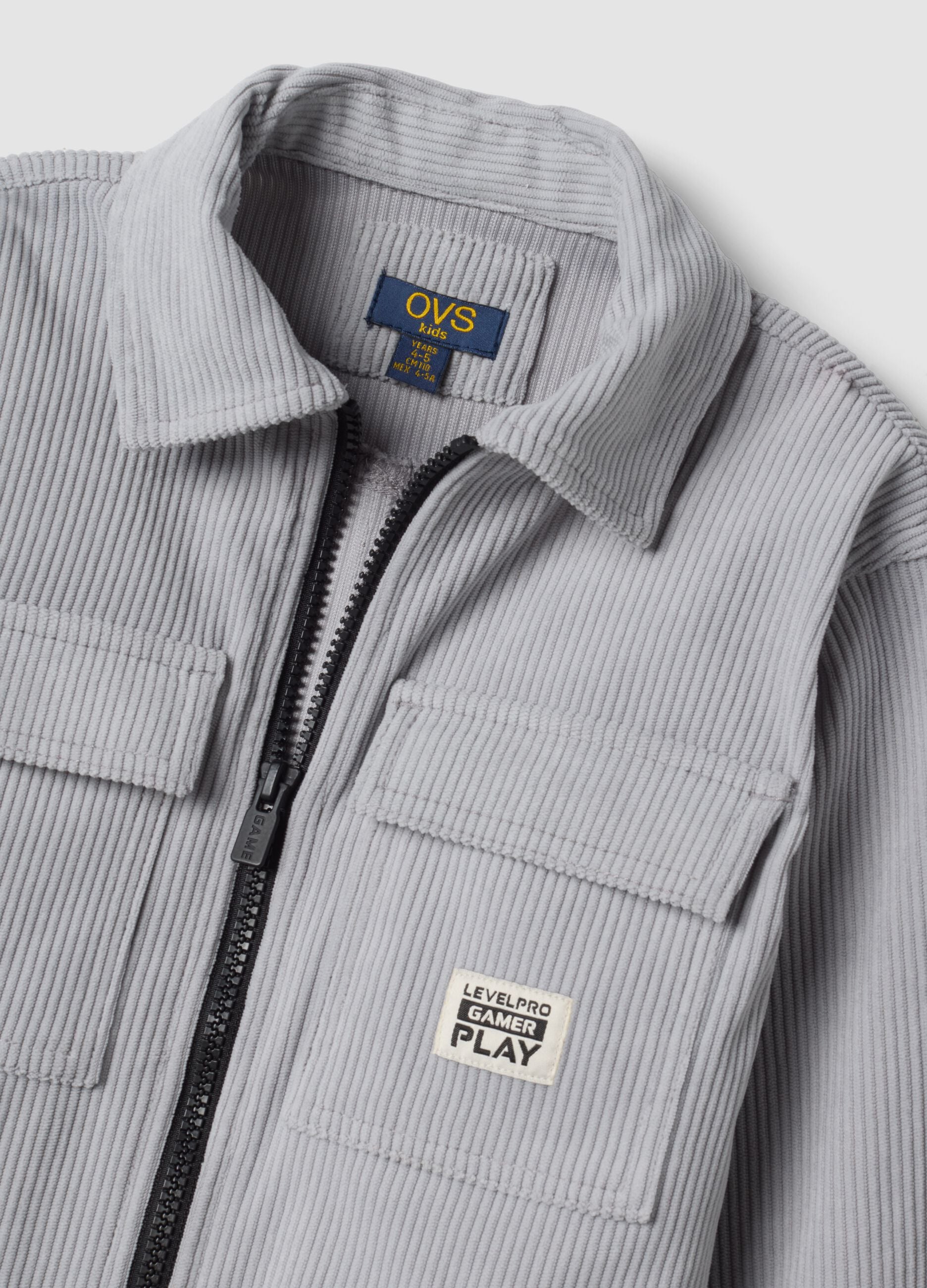 Grey ribbed shirt with zip and classic collar, oversized fit