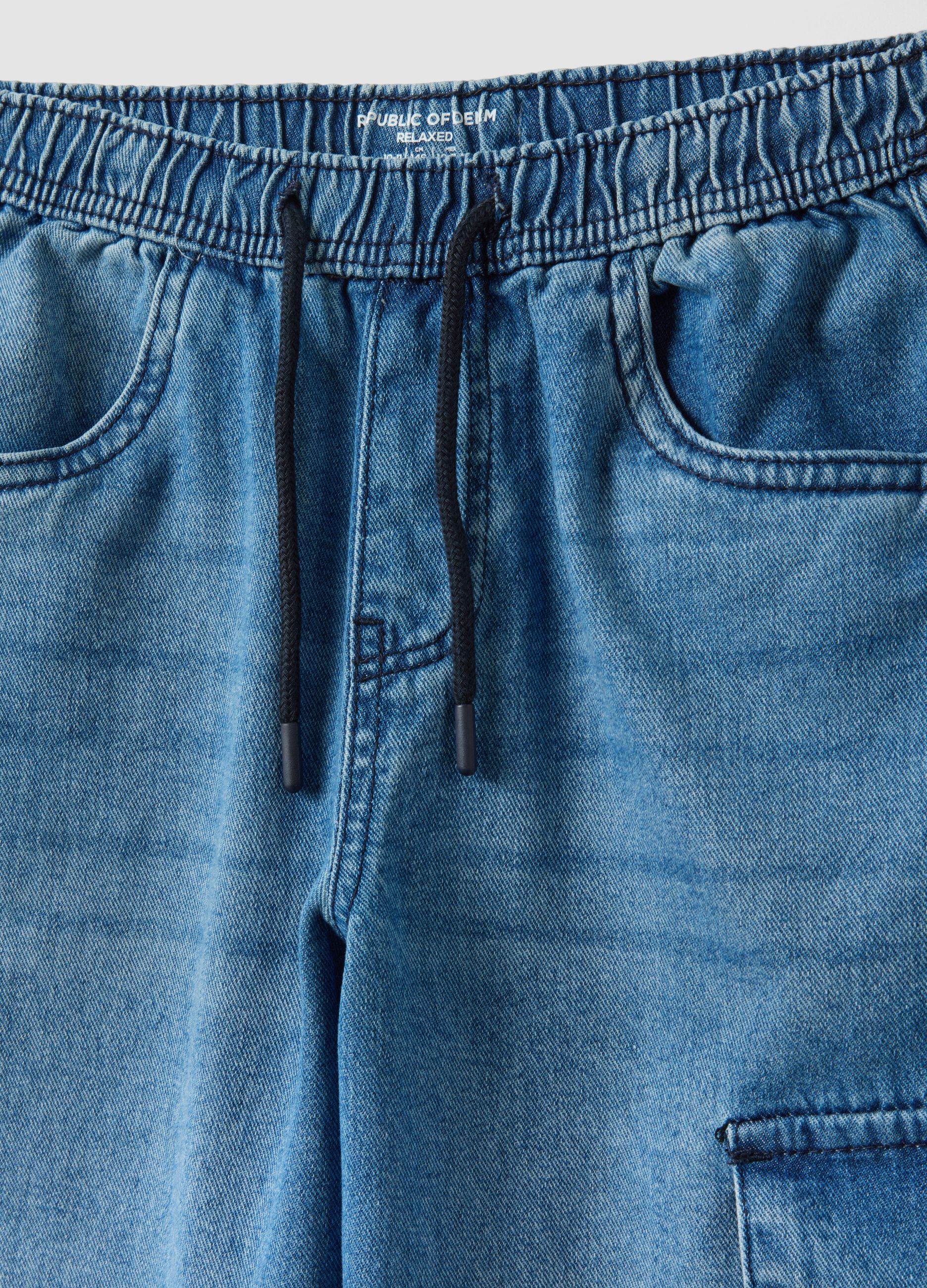 Light blue 100% cotton jogger denim with elasticated waist, relaxed fit