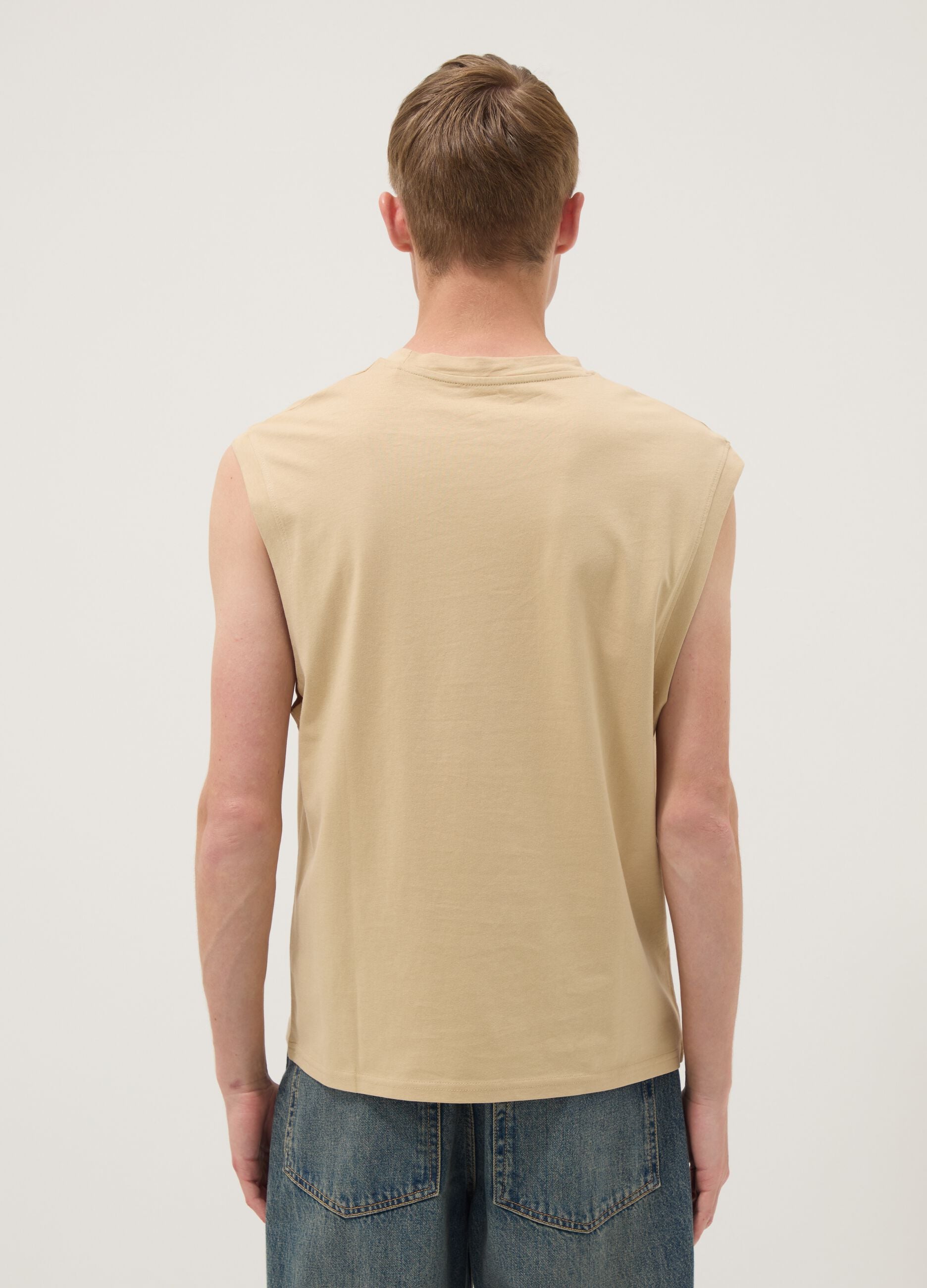Beige pure cotton tank top with front print