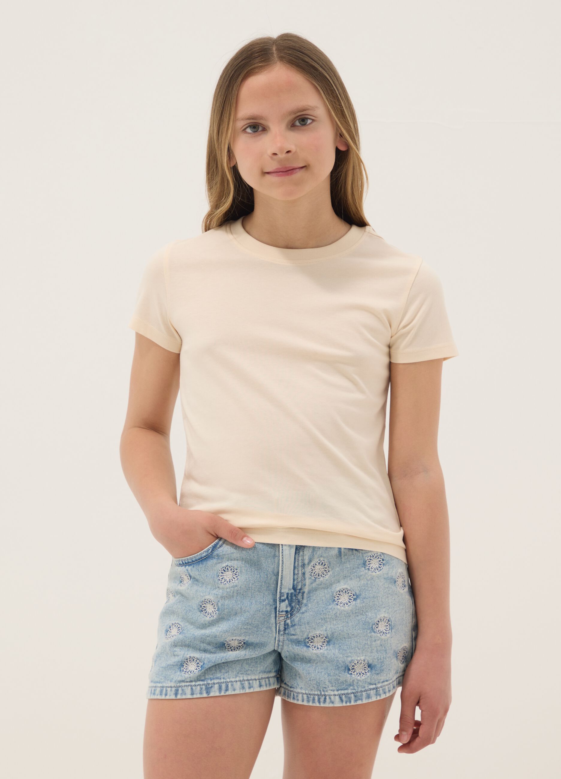 Girls' beige pure cotton regular-fit T-shirt