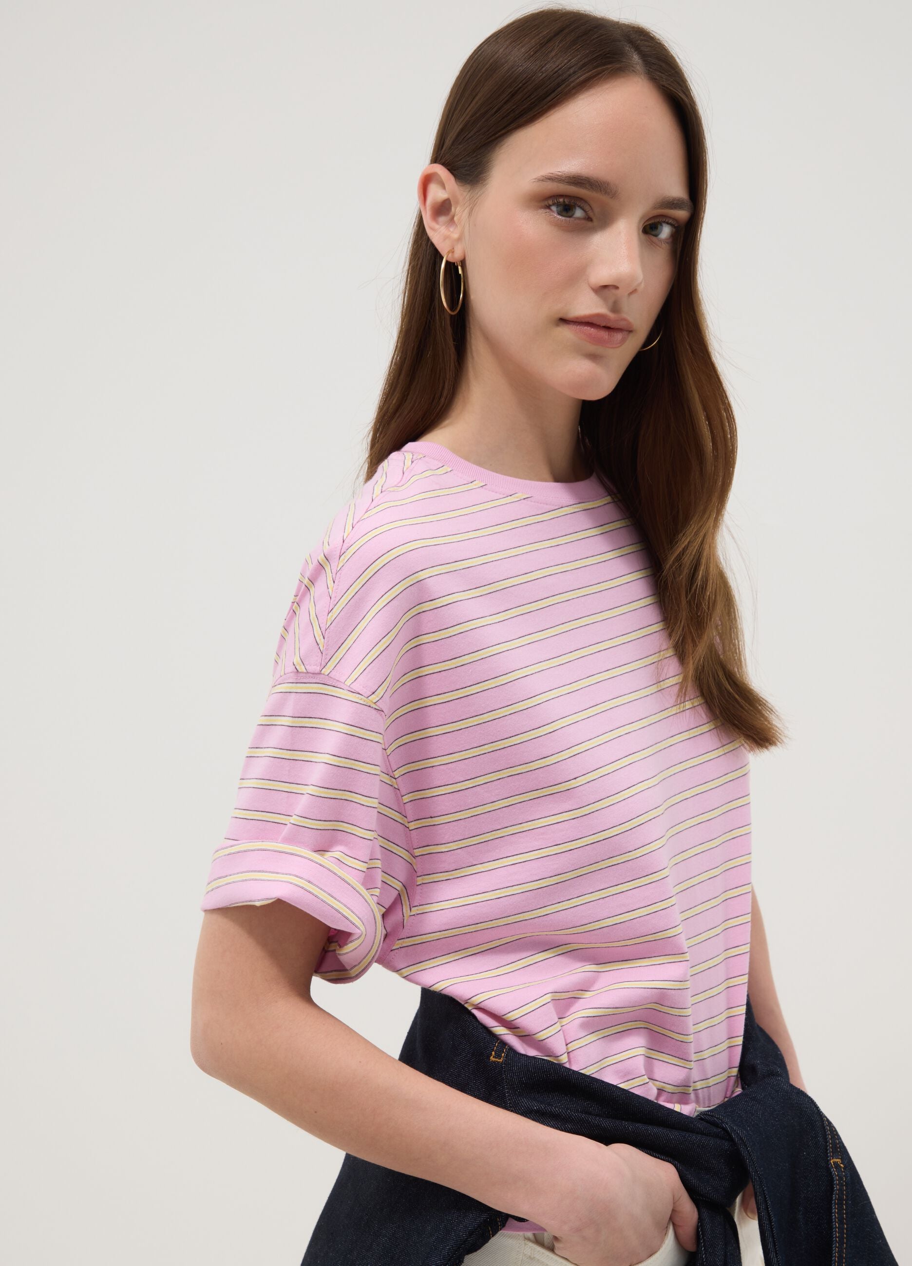 Pink pure cotton T-shirt with yellow stripes, boxy fit